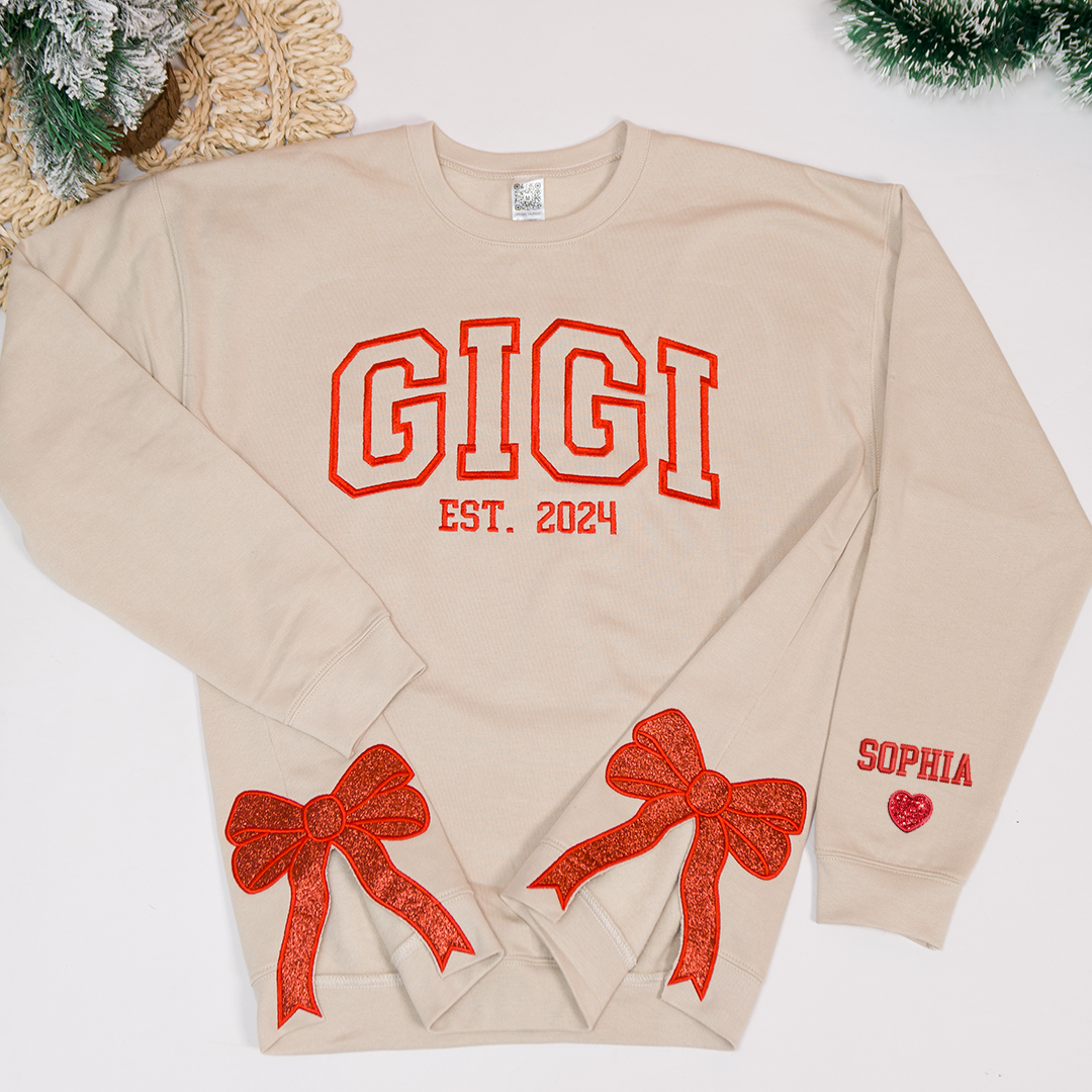 Custom Embroidered Christmas Bow Embellished Sweatshirt with Date