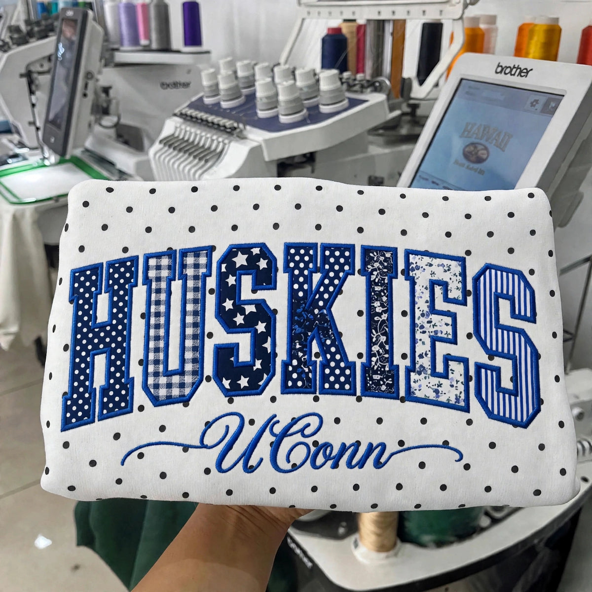 Custom College Hockey Team Patchwork Embroidered Polka Dot Sweatshirt | Hockey Fan Game Day Gear