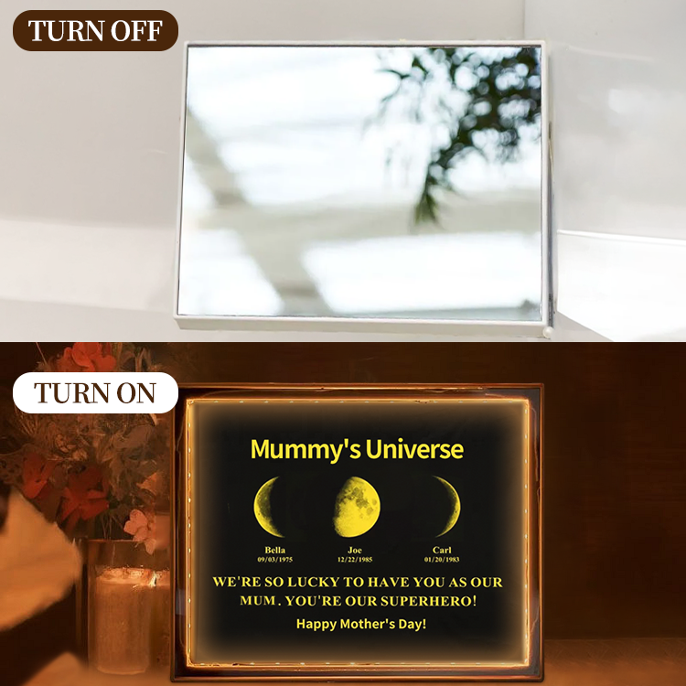 Custom Moon Phase Mirror With Text & Date | Custom Art Frame for Mum - Mummy's Universe | Mother's Day Gift