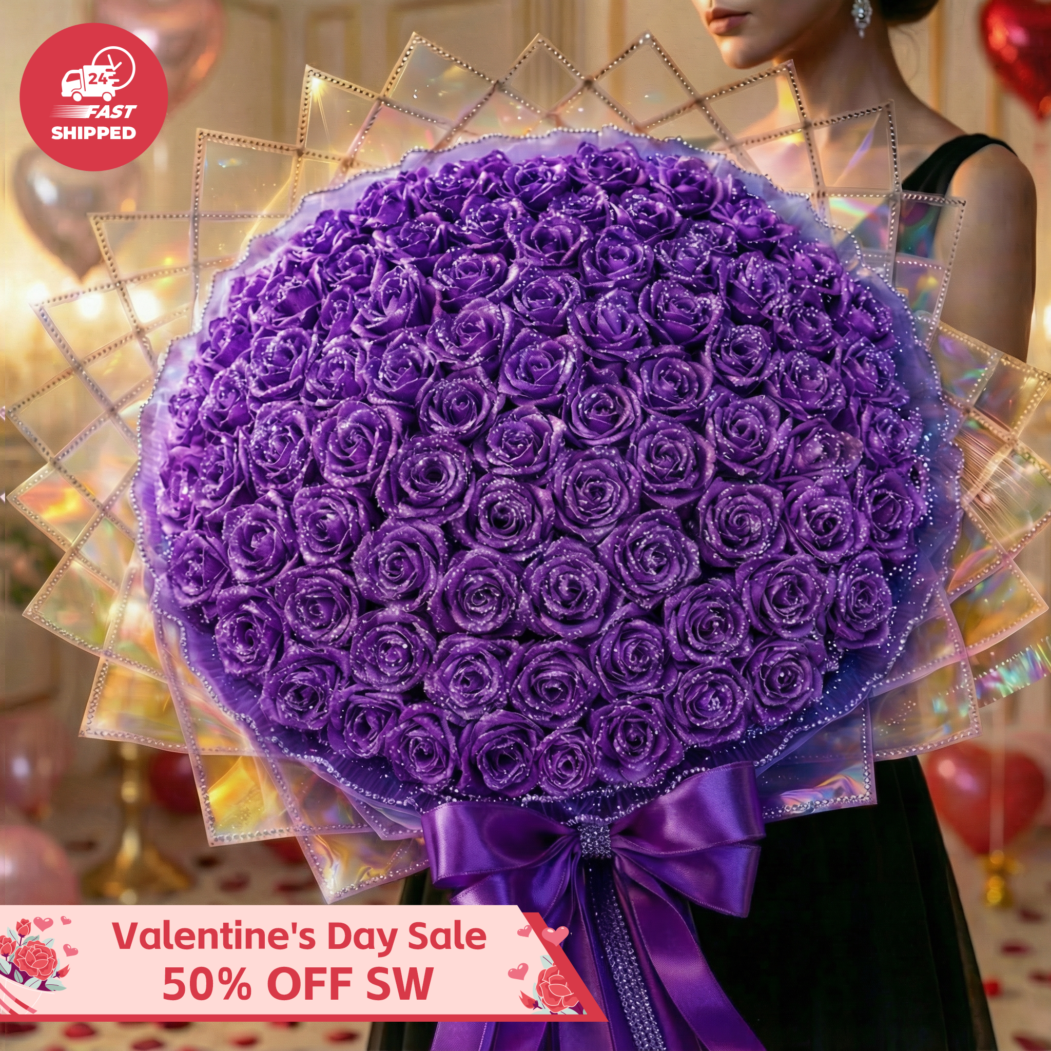 💕Glitter Purple Rose Bouquet💕 - An Ideal Expression of Love(Ships Within 24 Hours - Buy More Save More) | Valentines Flower Couple Anniversary Gift