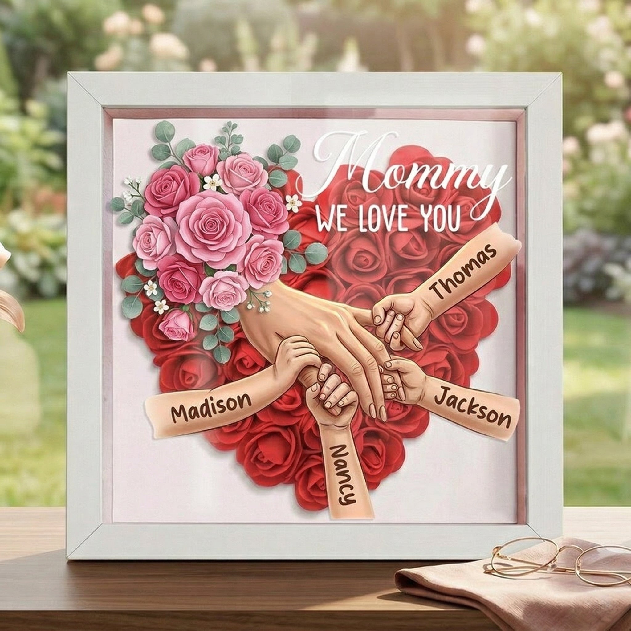 "Roses"-Personalized Mom Holding Hands  Shadow Box-Mother's Day Remembrance Frame, In Loving Memory Gift