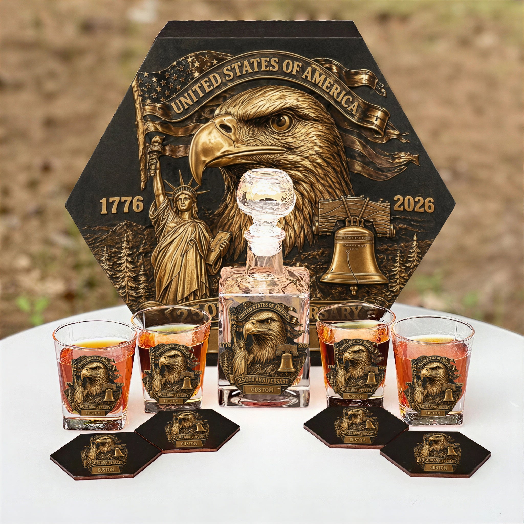 Custom Name USA 250th Anniversary Whiskey Set – Liberty & Eagle Edition | Wooden Box, Decanter, 4 Glasses & Coasters | Patriotic 1776-2026 Commemorative Gift