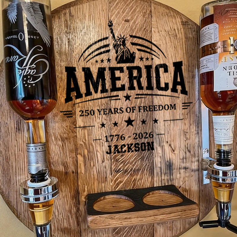 Custom America 250th Anniversary Gift - Wall-Mounted 2-Bottle Liquor Dispenser Wood Stand | USA 250th Anniversary Gift