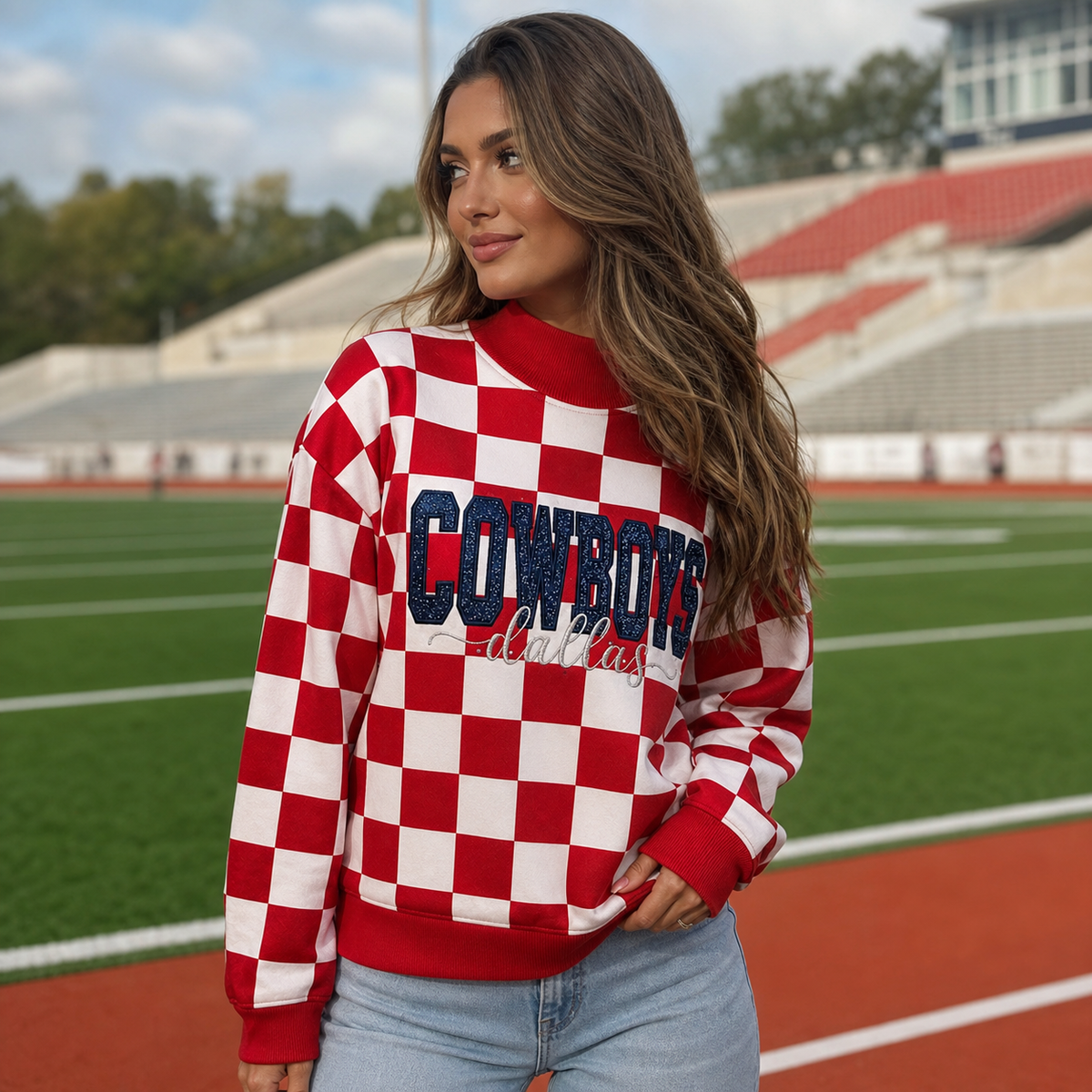 Custom Checkered Mockneck - Personalized Team Name Glitter Embroidered Game Day Pullover