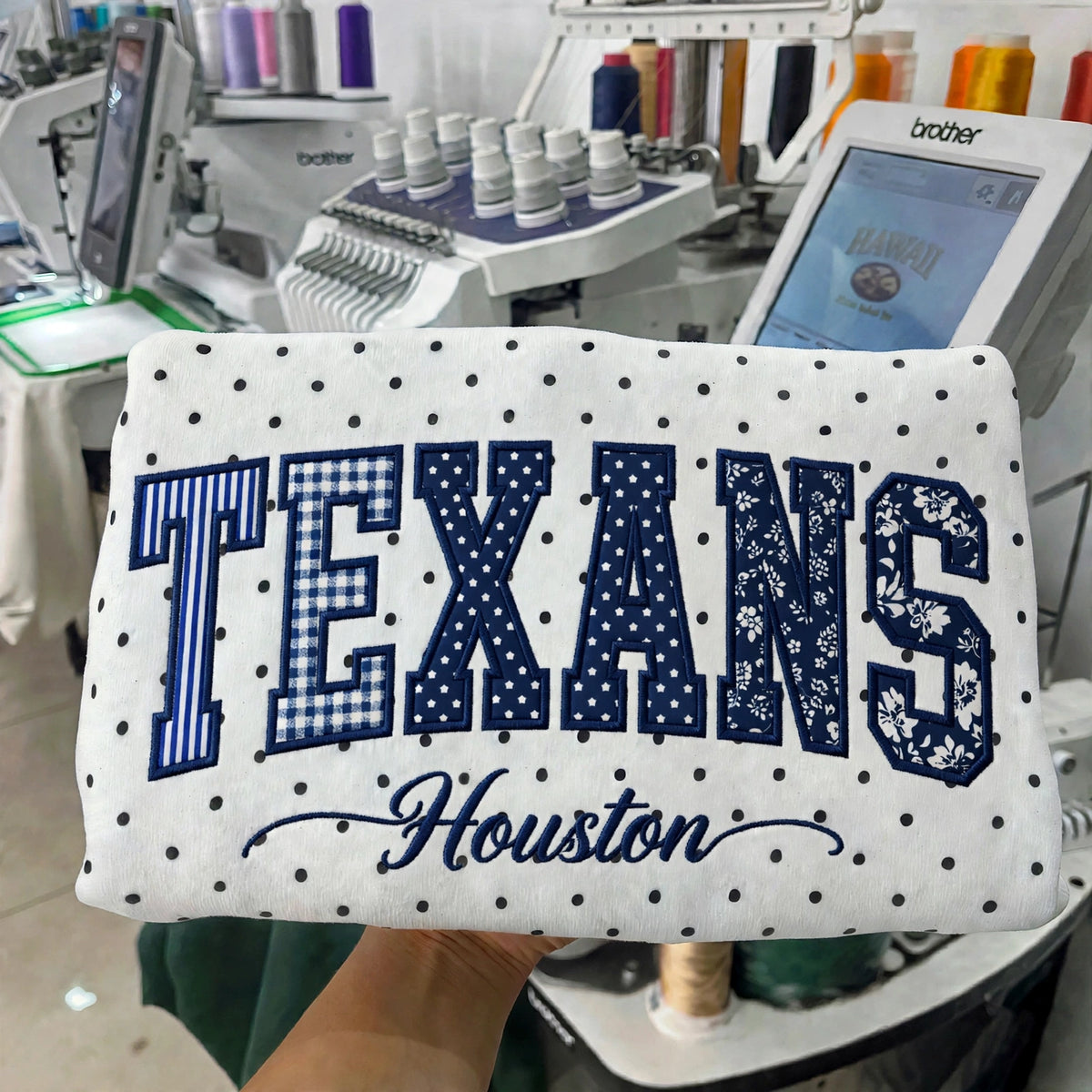 Custom Patchwork Fabric Embroidered Football Team Polka Dot Sweatshirt Game Day Wear