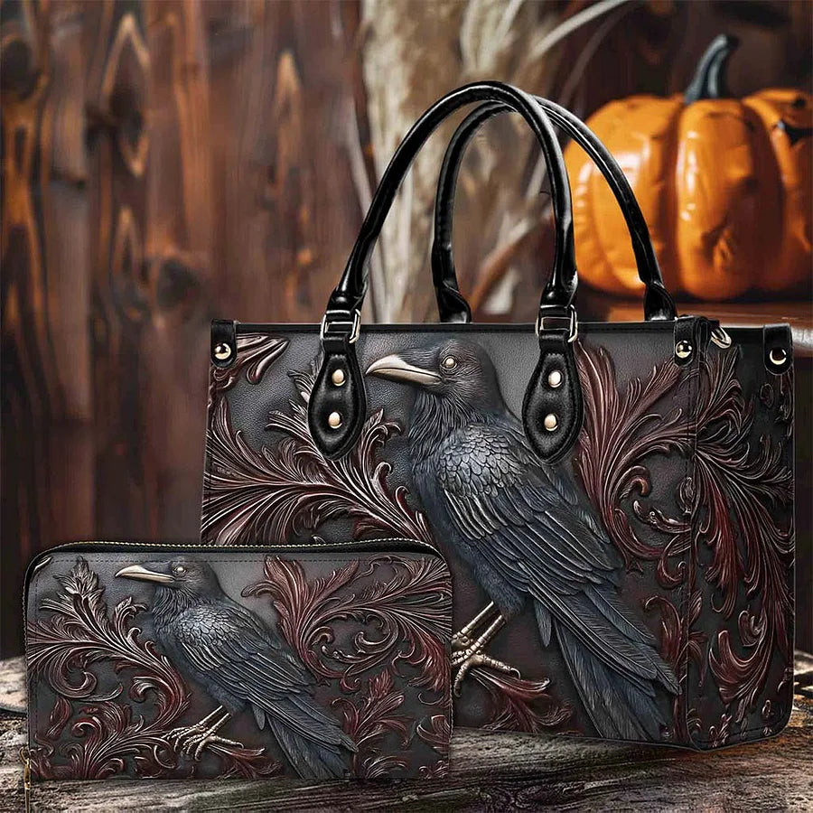 Goth Crow Pu Leather Handbag, Gothic Raven Bags Halloween