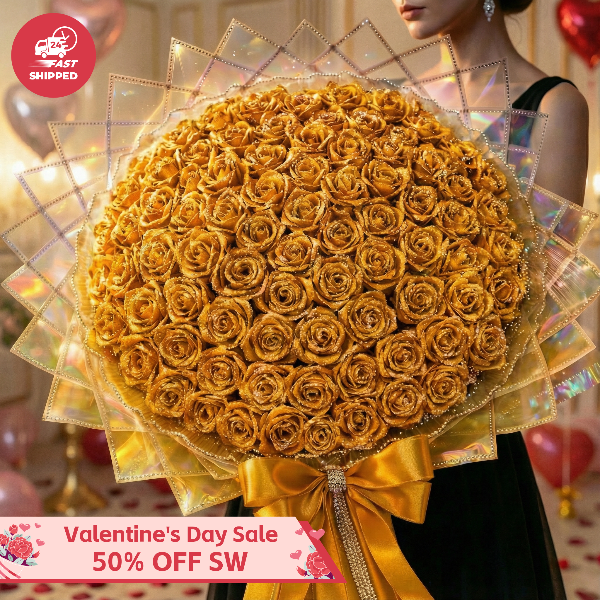 💕Glitter Gold Rose Bouquet💕 - An Ideal Expression of Love(Ships Within 24 Hours - Buy More Save More) | Valentines Flower Couple Anniversary Gift