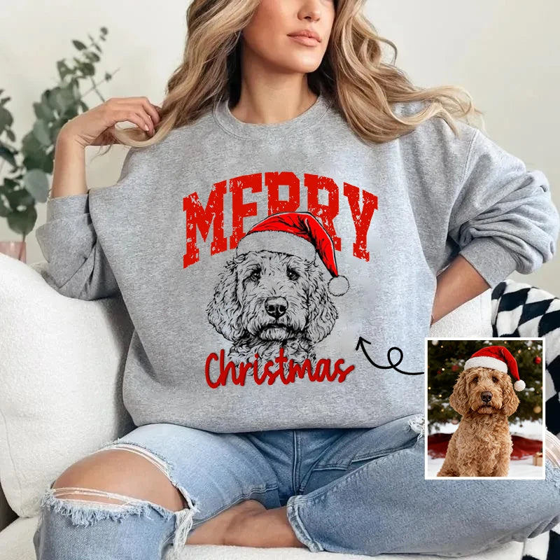 Custom Pet Merry Christmas Sweatshirt - Personalized Dog/Cat Portrait Santa Hat Hoodie