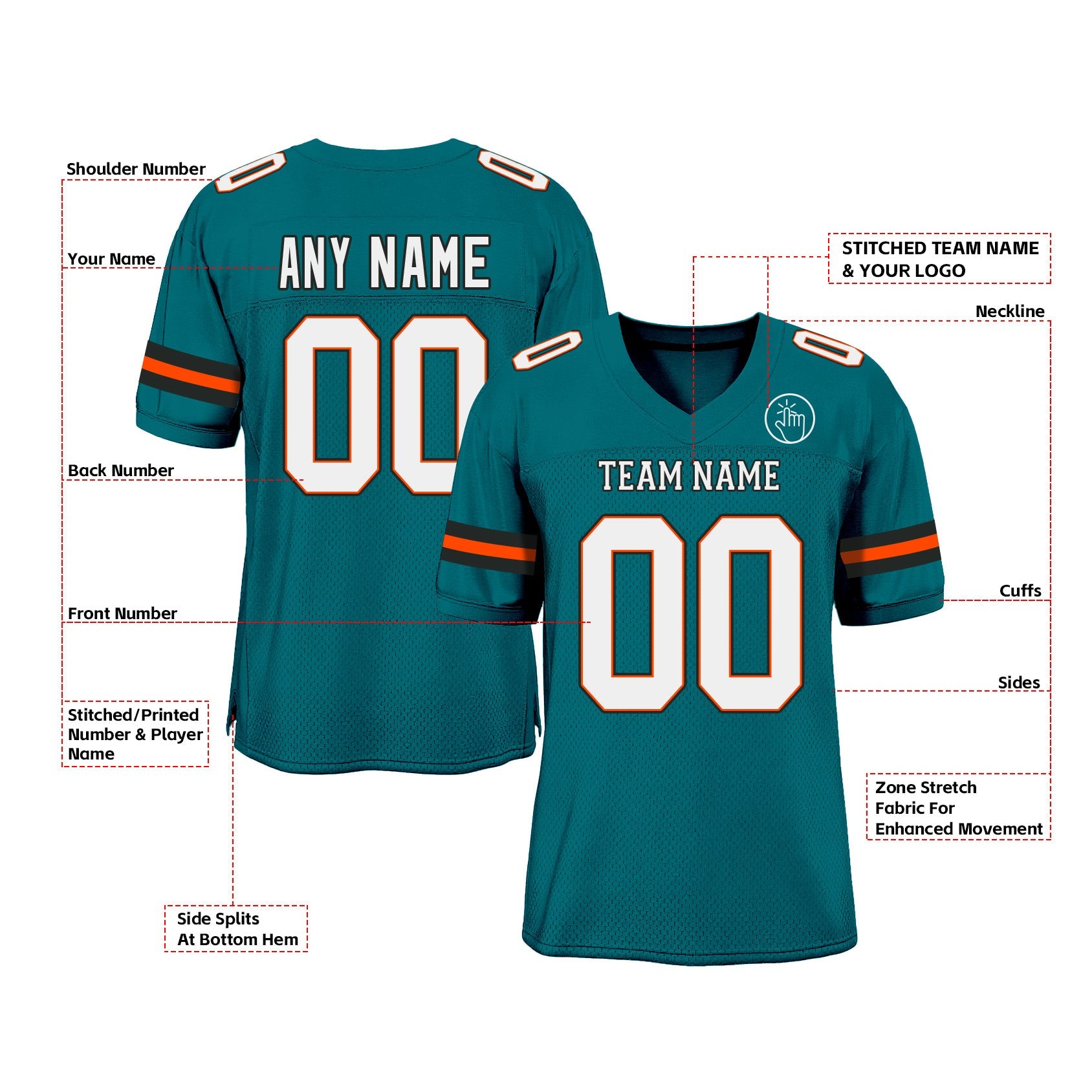 Custom Teal White-Orange Mesh Classic Style Authentic Sports Football Jersey