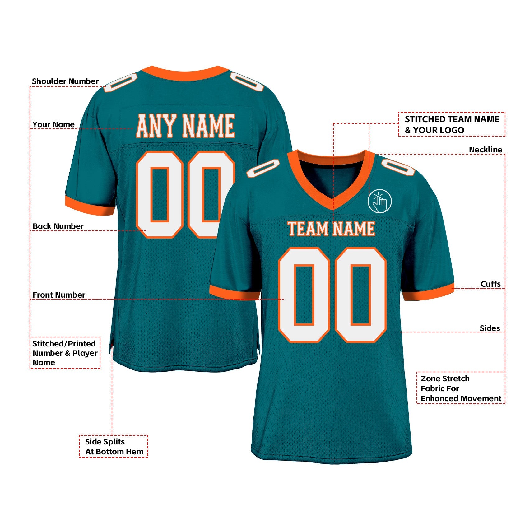Custom Teal White-Orange Mesh Classic Style Authentic Sports Football Jersey