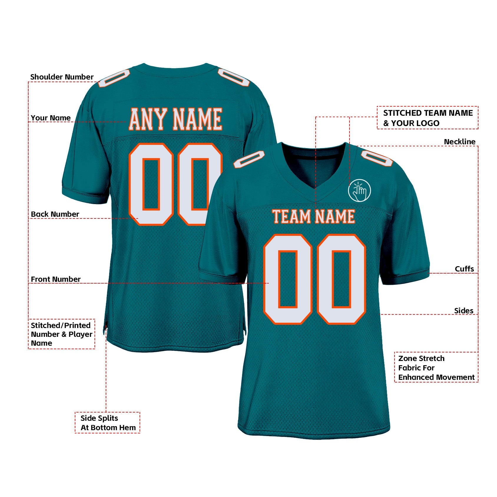 Custom Teal White-Orange Mesh Classic Style Authentic Sports Football Jersey