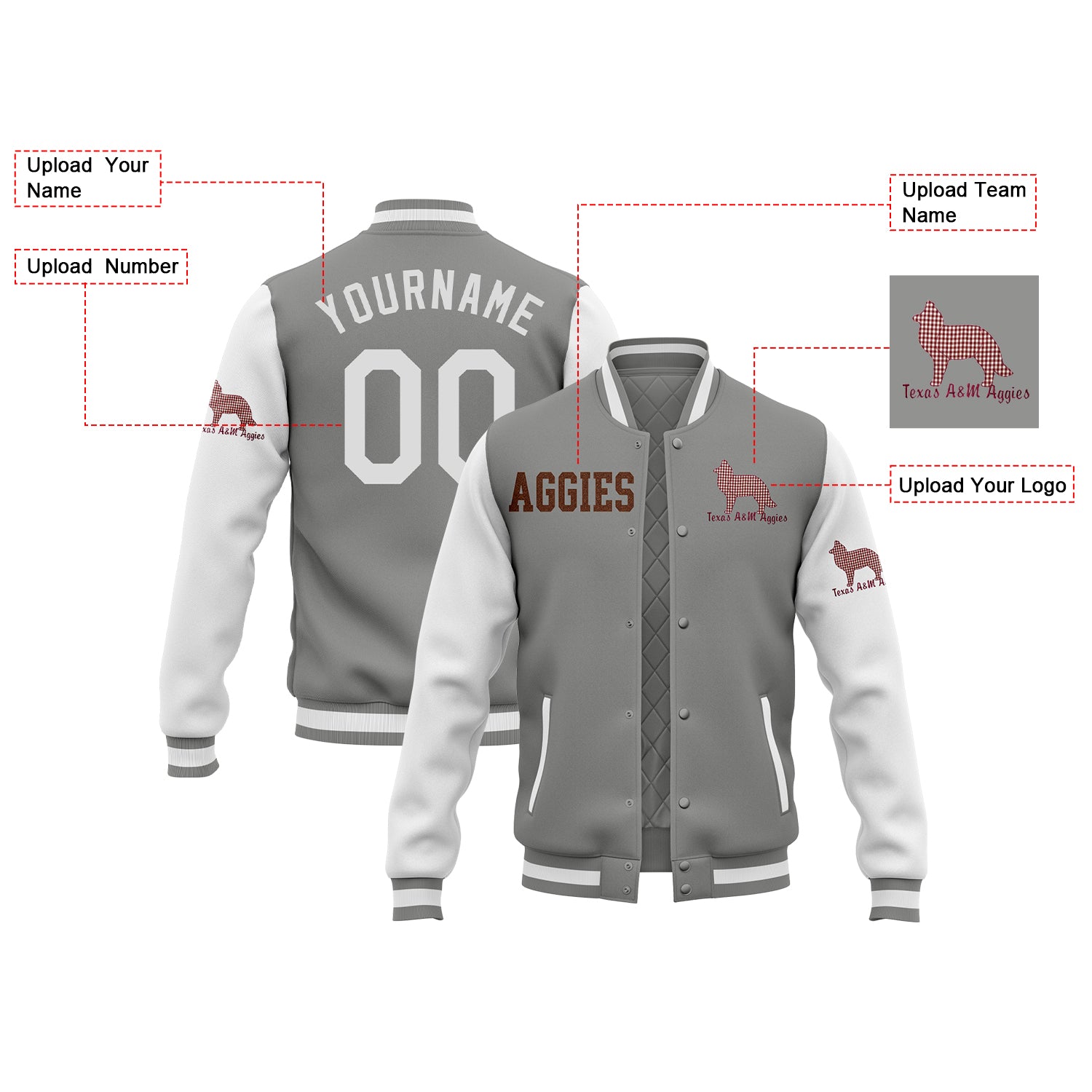 Custom Texas A&M Aggies Two Tone Glitter Team Mascot Varsity Letterman Team Jacket For Game Day