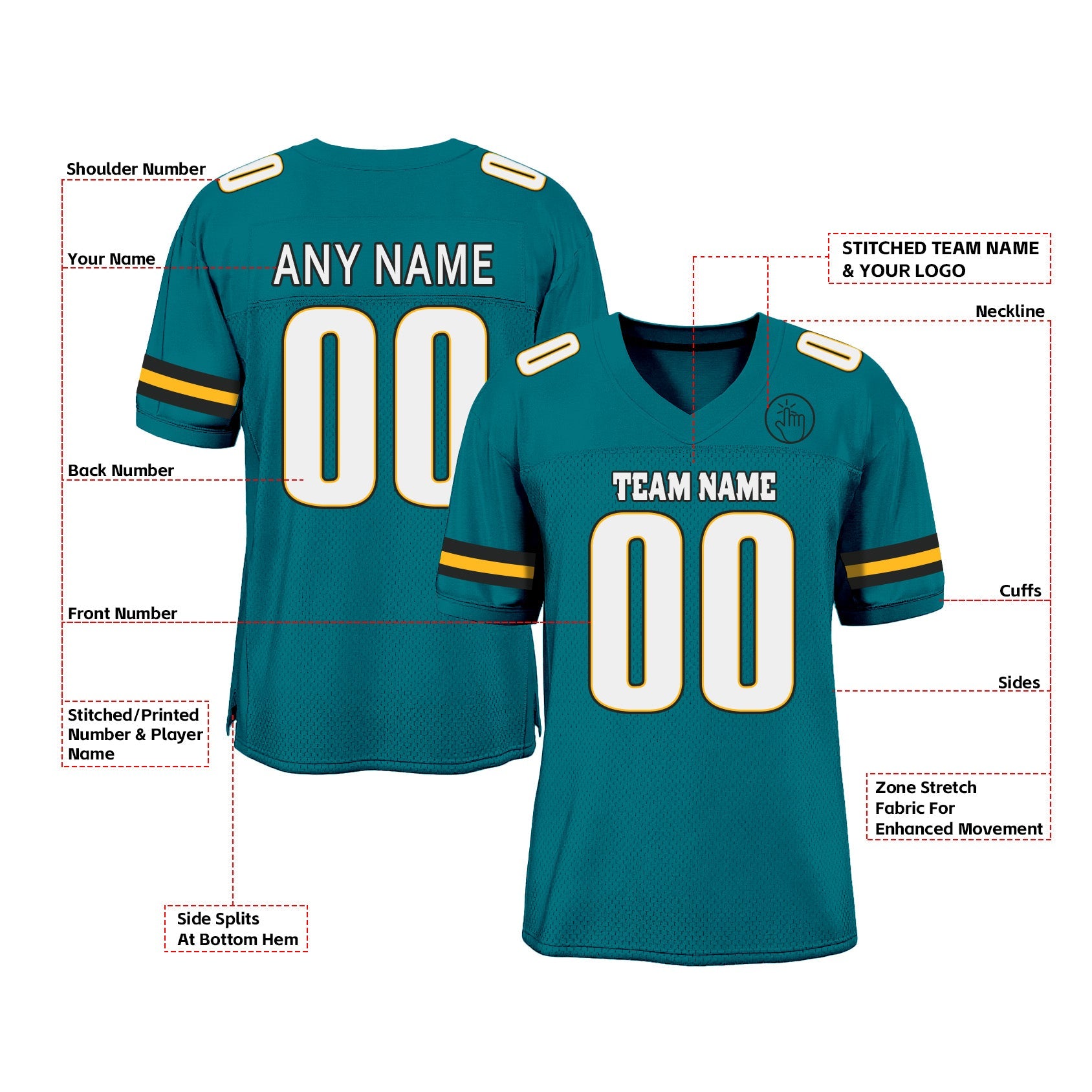 Custom Teal White-Gold Mesh Classic Style Authentic Sports Football Jersey