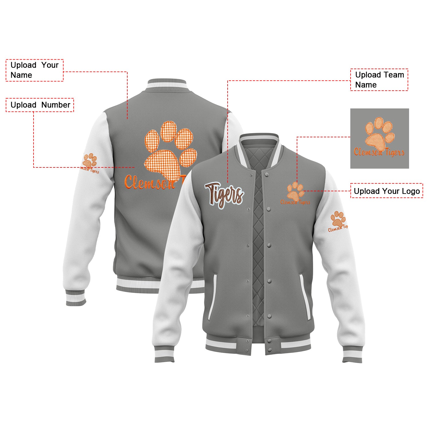 Custom Clemson Tigers Two Tone Glitter Team Mascot Varsity Letterman Team Jacket For Game Day