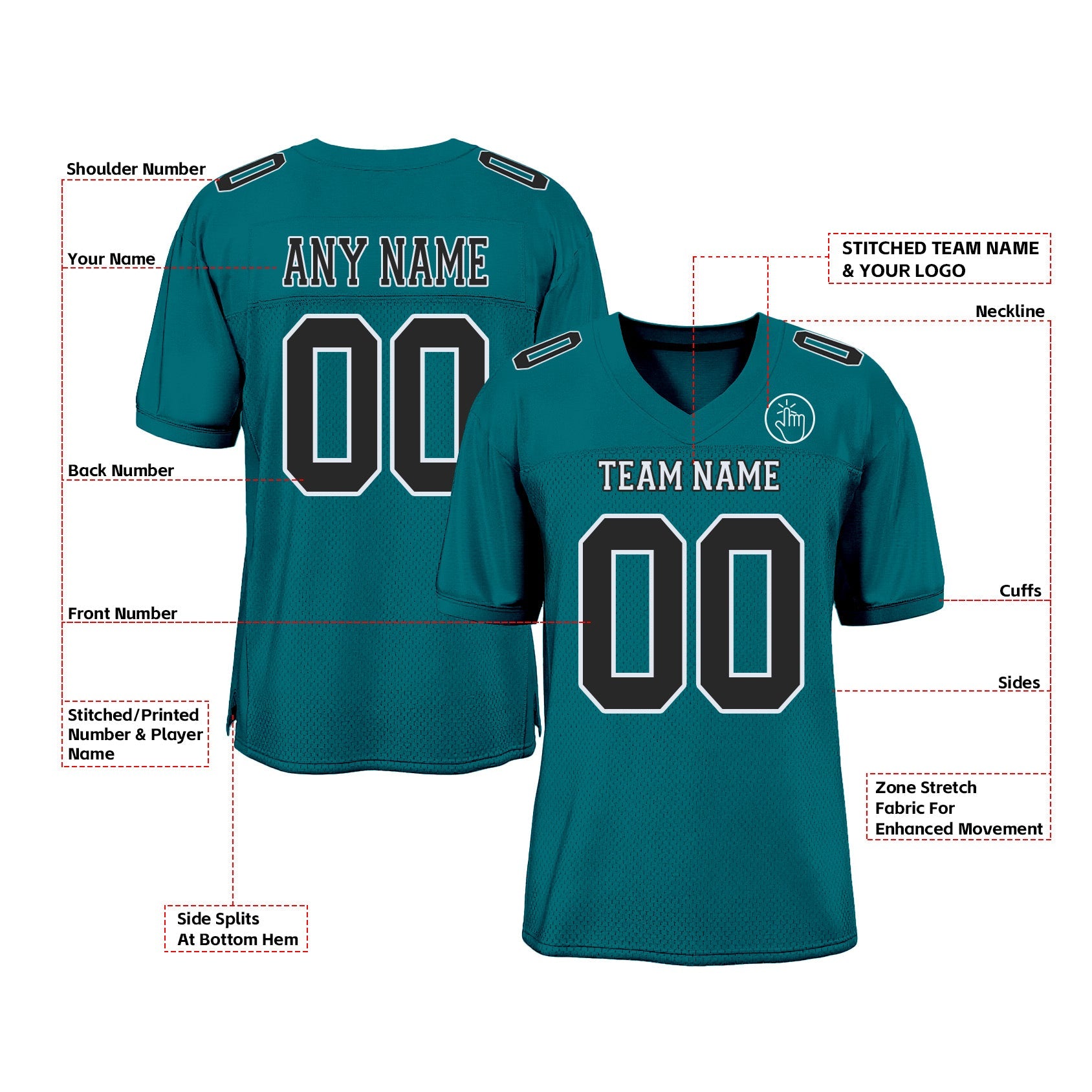 Custom Teal Black-White Mesh Classic Style Authentic Sports Football Jersey