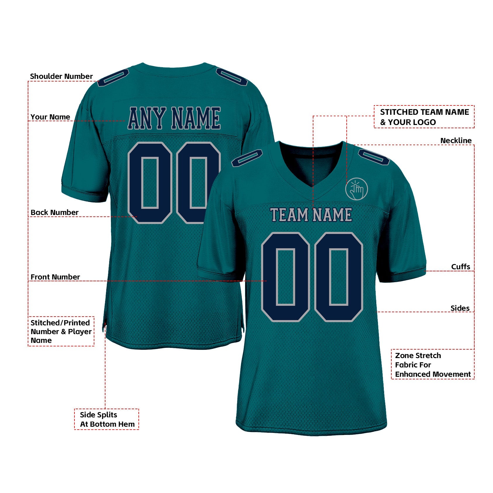 Custom Teal Navy-Gray Mesh Classic Style Authentic Sports Football Jersey