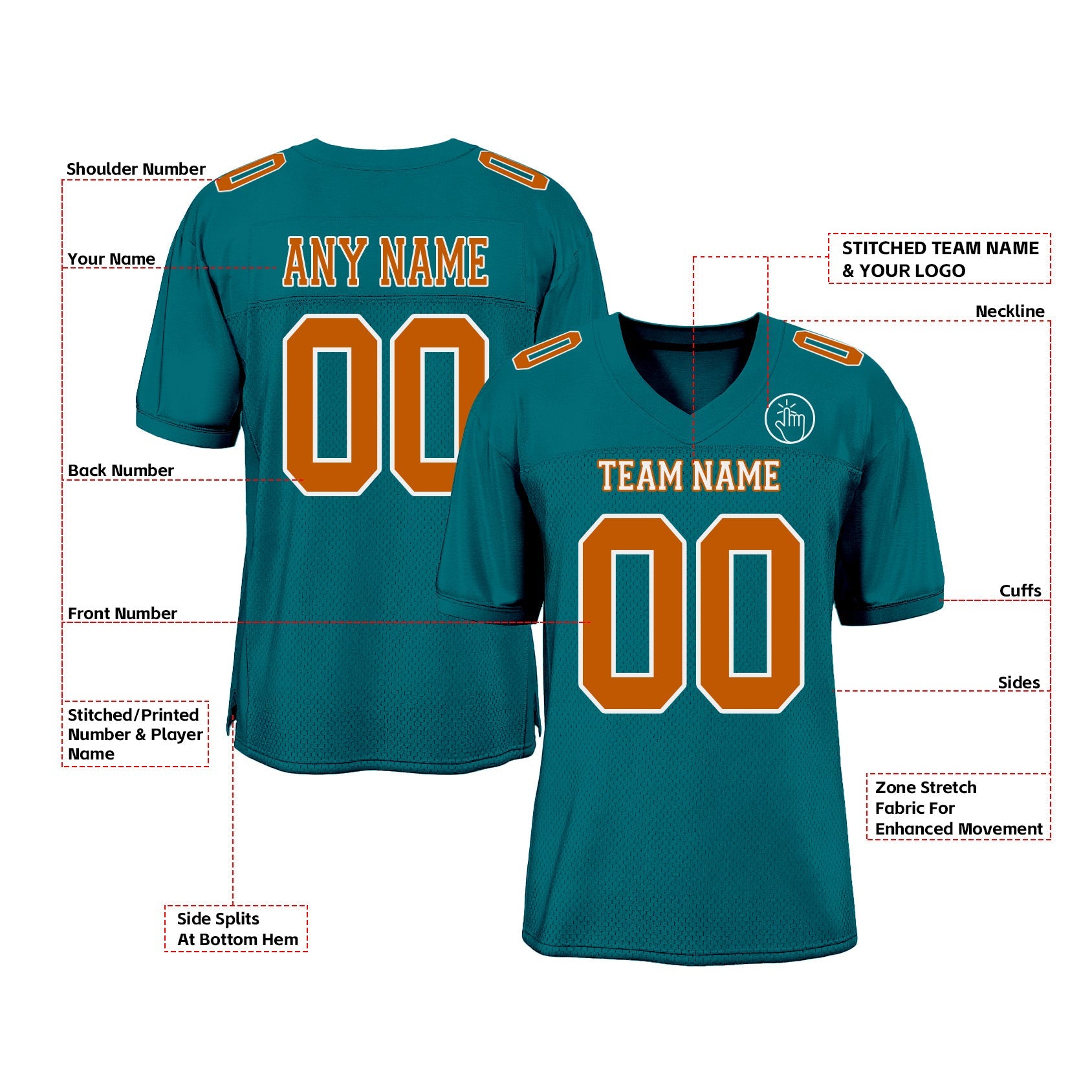 Custom Teal Texas Orange-White Mesh Classic Style Authentic Sports Football Jersey