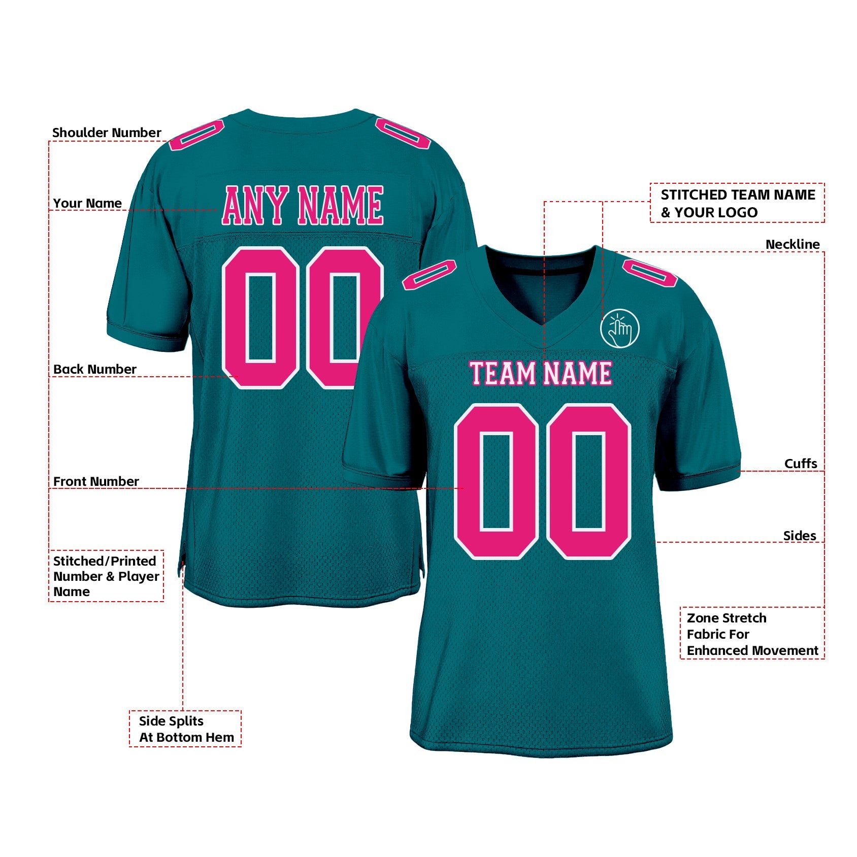 Custom Teal Hot Pink-White Mesh Classic Style Authentic Sports Football Jersey