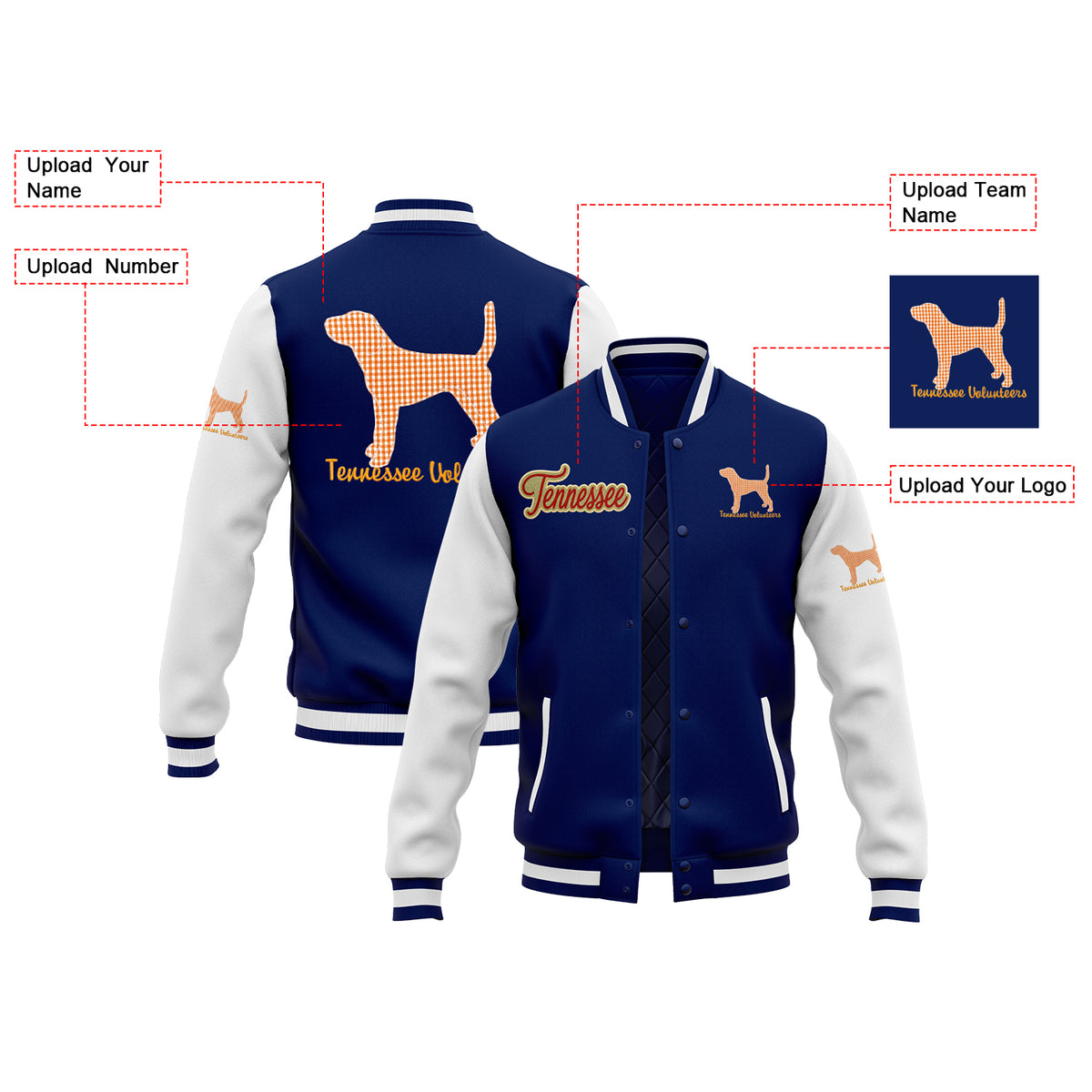 Custom Tennessee Volunteers Two Tone Glitter Team Mascot Varsity Letterman Team Jacket For Game Day