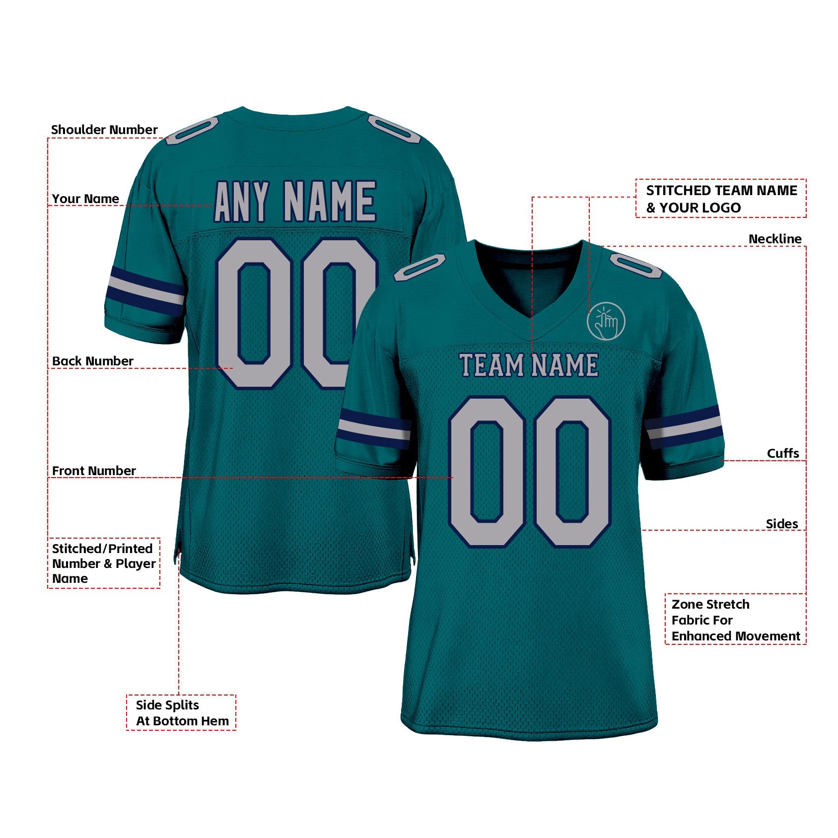 Custom Teal Gray-Navy Mesh Classic Style Authentic Sports Football Jersey