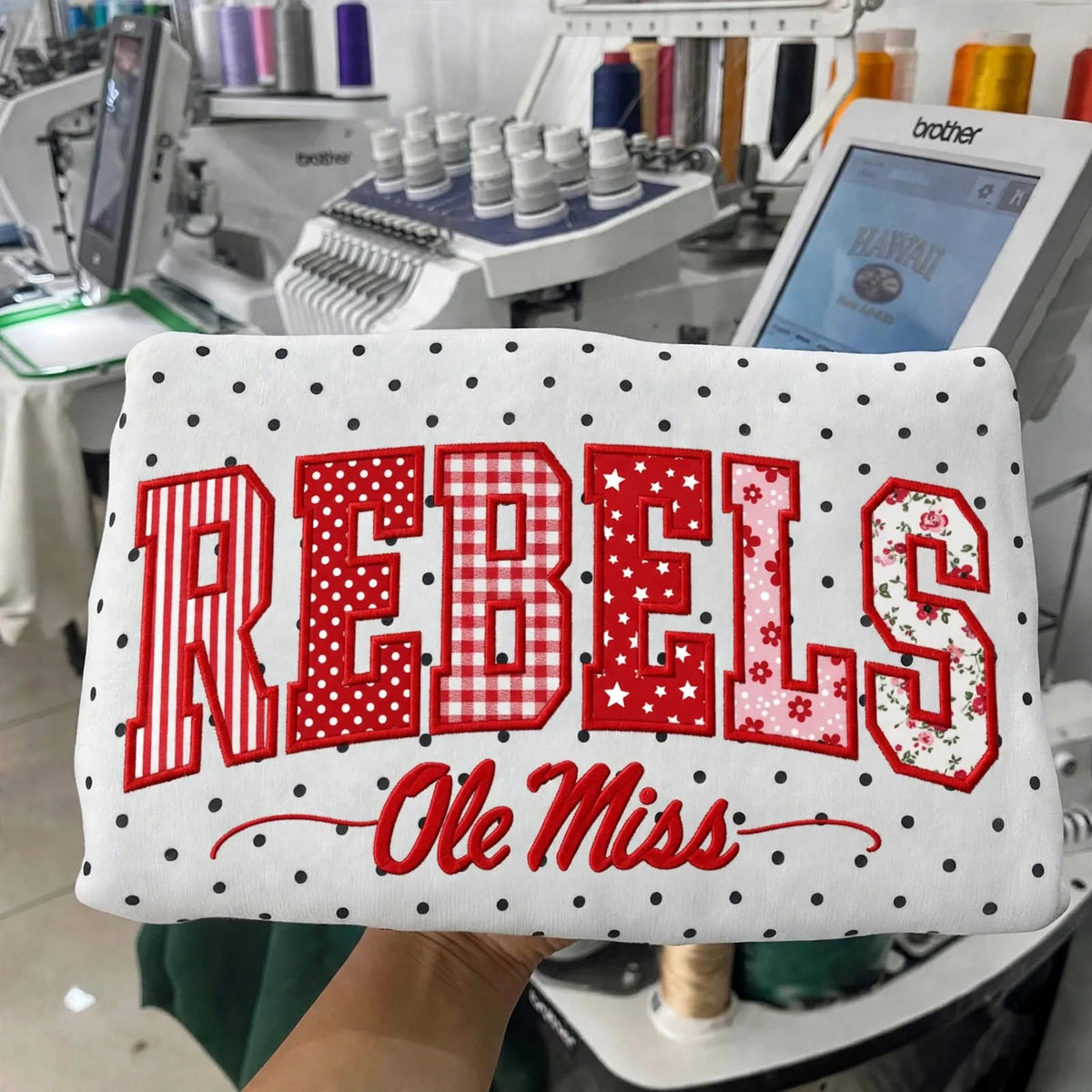 Custom College Football Team Patchwork Fabric Embroidered Polka Dot Sweatshirt Team and School Name Applique Varsity Letters | Game Day Wear