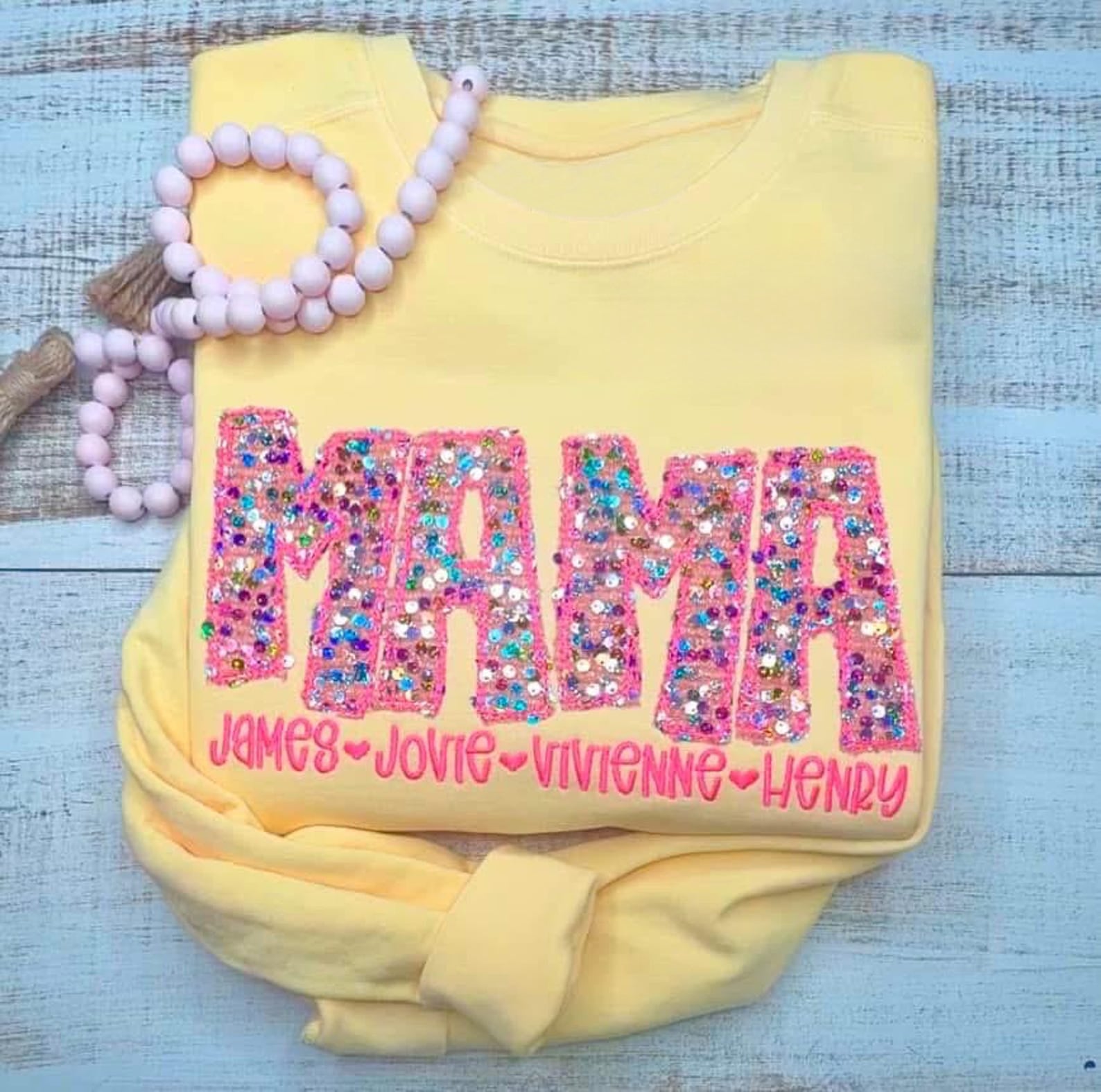 Multicolor Sequins Custom Embroidered Mama T-Shirts, Sweatshirts, Hoodies For Mom