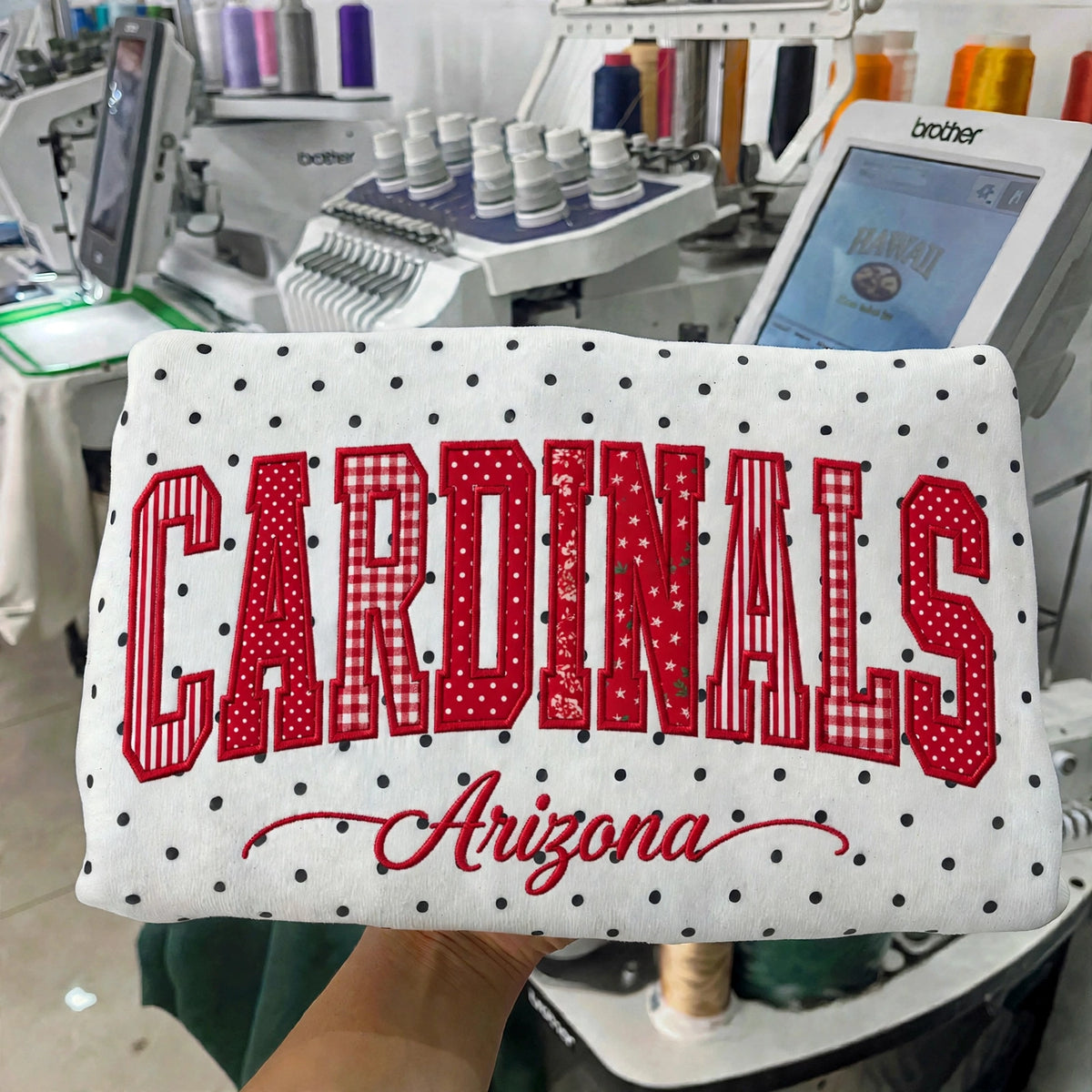 Custom Patchwork Fabric Embroidered Football Team Polka Dot Sweatshirt Game Day Wear