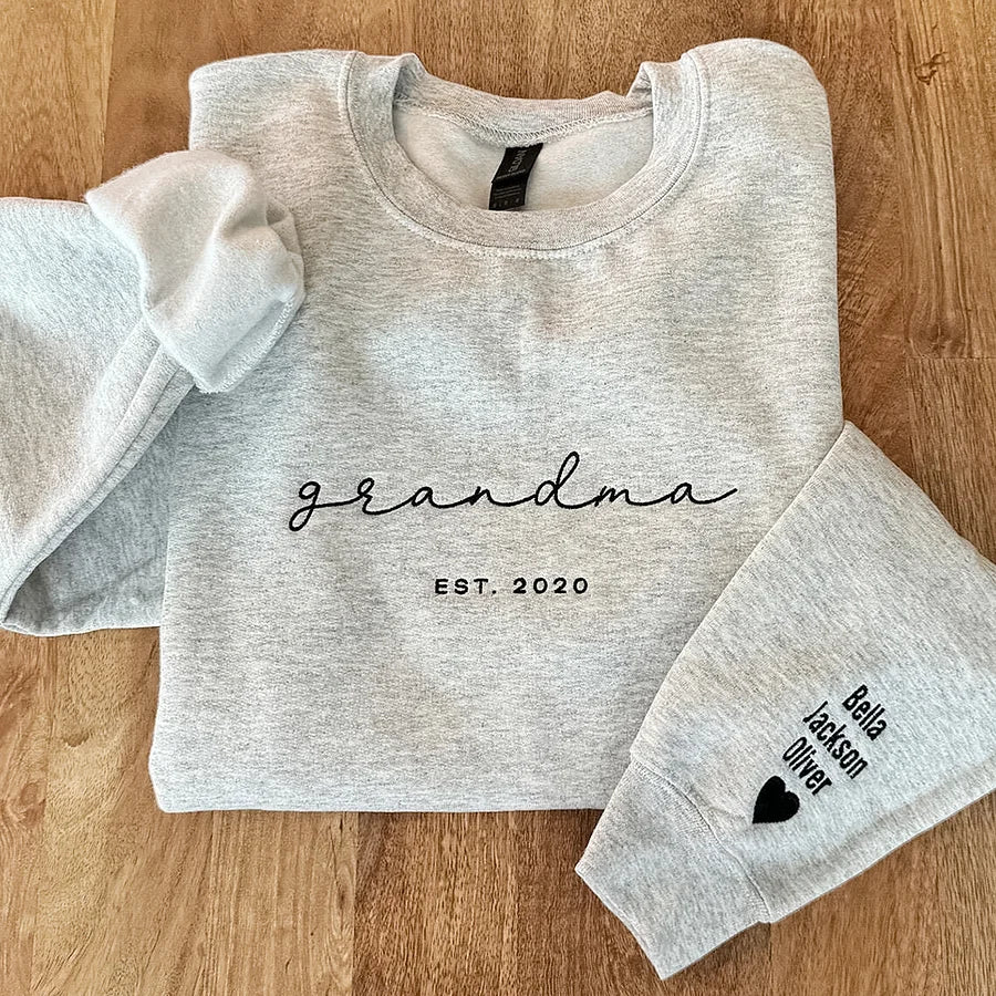 Custom Embroidered Grandma Sweatshirt with Grandkids Names on Sleeves