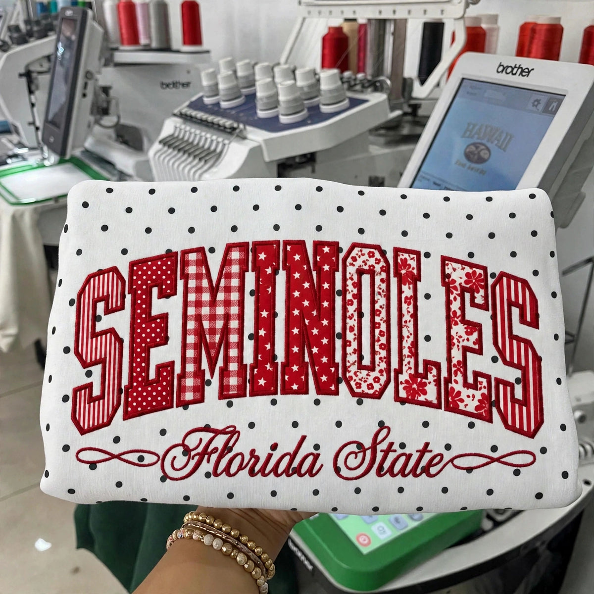 Custom College Football Team Patchwork Fabric Embroidered Polka Dot Sweatshirt Team and School Name Applique Varsity Letters | Game Day Wear