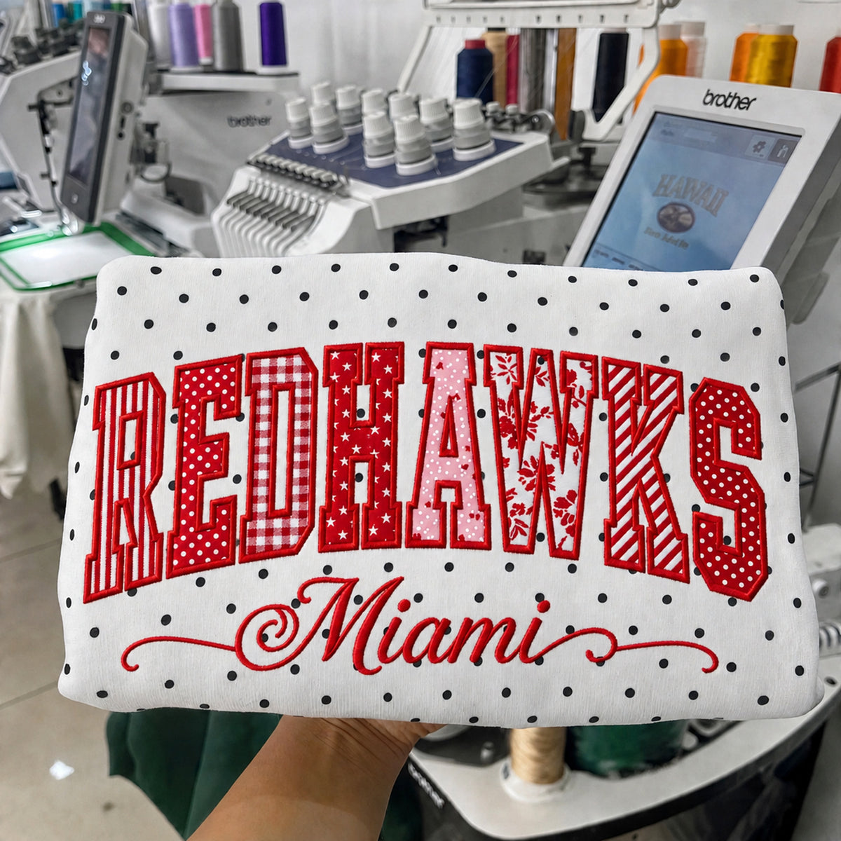 Custom College Hockey Team Patchwork Embroidered Polka Dot Sweatshirt | Hockey Fan Game Day Gear