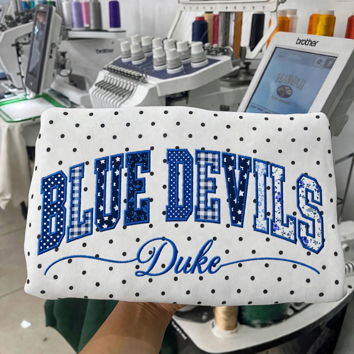 Custom College Football Team Patchwork Fabric Embroidered Polka Dot Sweatshirt Team and School Name Applique Varsity Letters | Game Day Wear