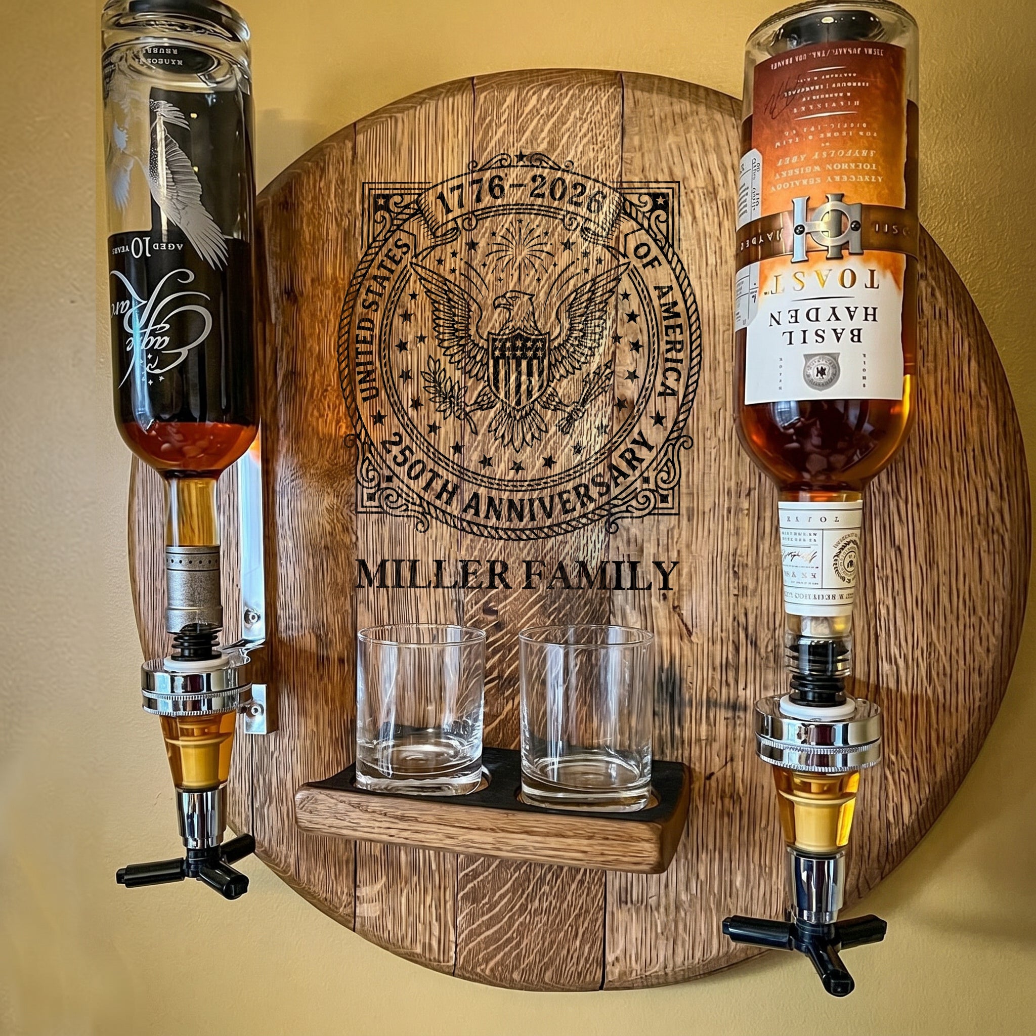 Personalized Round Wall-Mounted Liquor Dispenser – 250 Years of Freedom (1776-2026) with Your Family Name | USA 250th Anniversary Gift