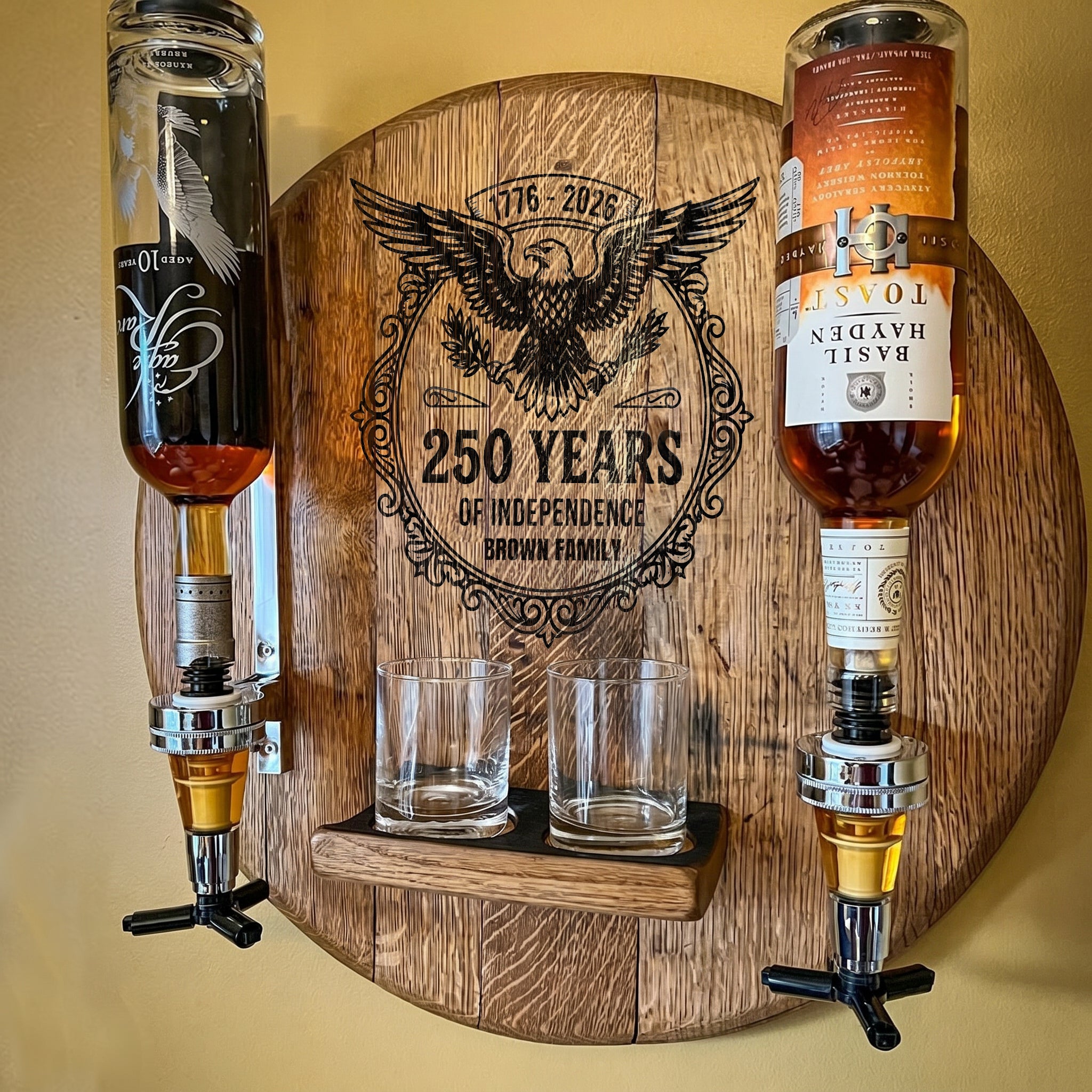 Personalized Round Wall-Mounted Liquor Dispenser – 250 Years of Independence with Custom Family Name | 1776–2026 Whisky Décor | USA 250th Anniversary Gift