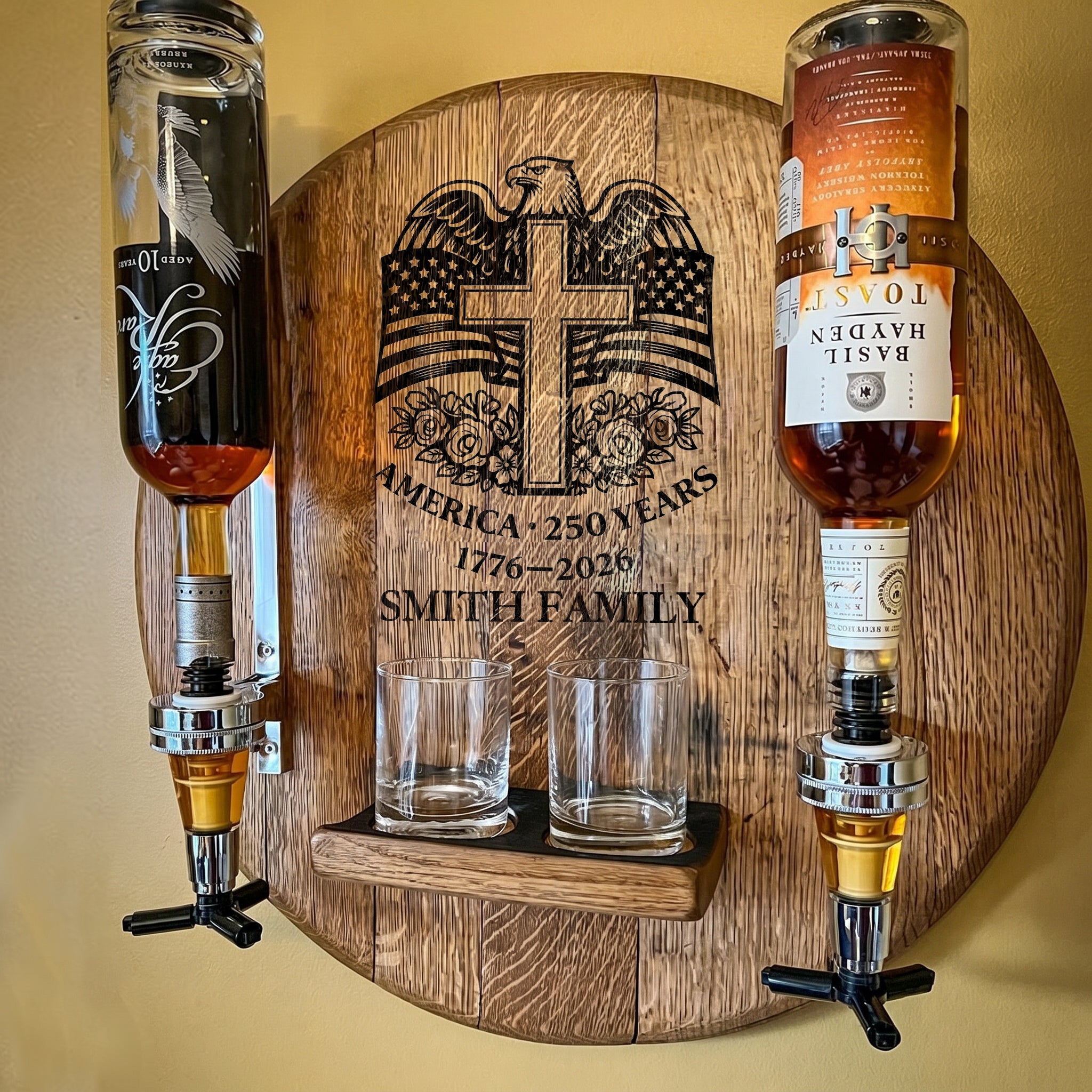 Personalized Round Wall-Mounted Liquor Dispenser – 1776-2026 America 250 Years with Custom Family Name | USA 250th Anniversary Gift