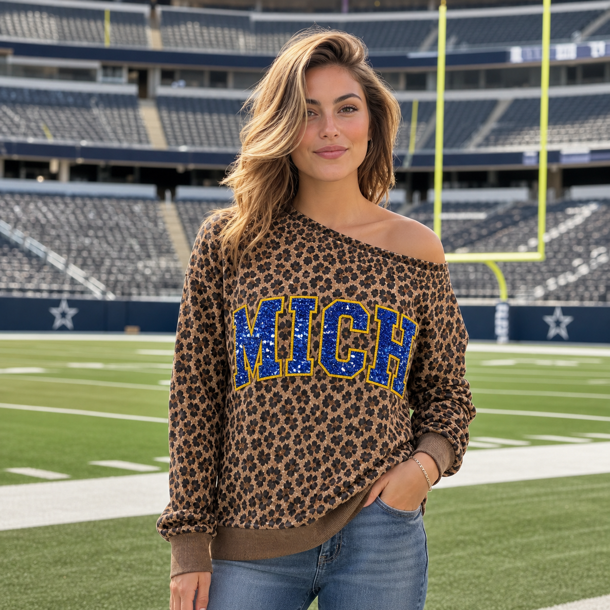 Personalized Leopard Embroidered Off-Shoulder Game Day Sweatshirt - Custom Team Name Sequin Spirit Wear