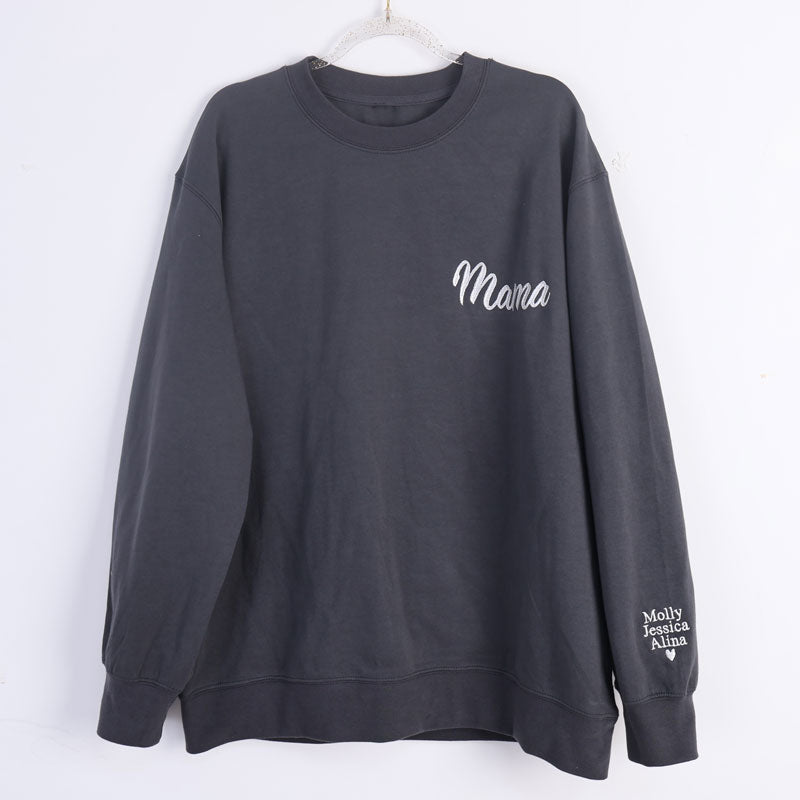 Custom Black Embroidered Mama Crewneck Sweatshirt,Personalized Kid Name On The Sleeve, Mother's Day Gift