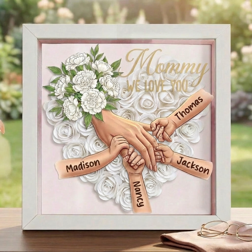 "White Carnation"-Personalized Mom Holding Hands Memorial Shadow Box-Mother's Day Remembrance Frame, In Loving Memory Gift