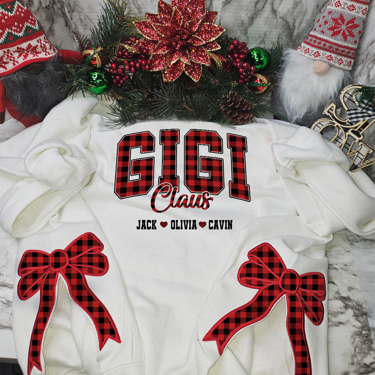 Custom Embroidered Mimi Claus Christmas Bow Embellished Sweatshirt | Christmas Gift for Mom