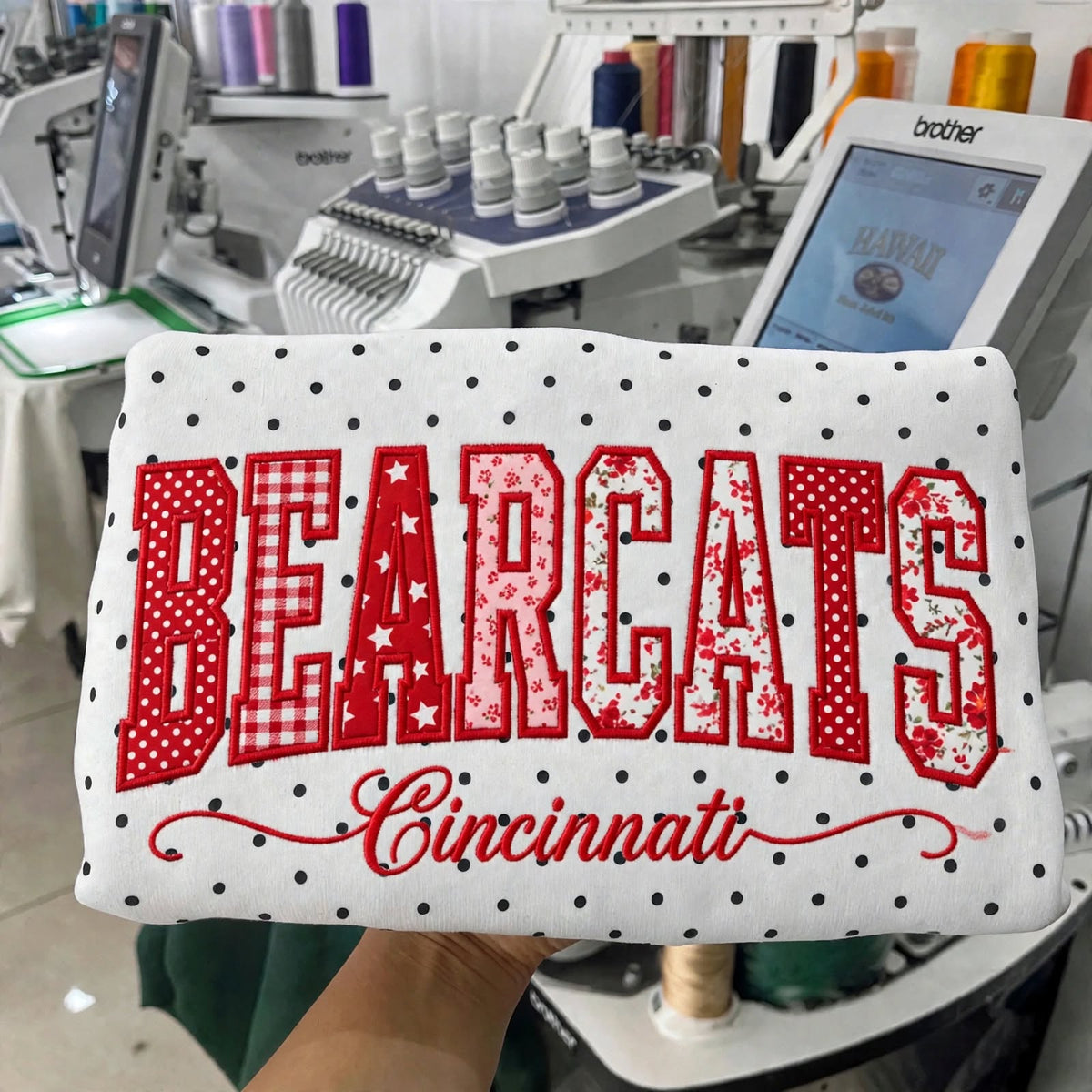 Custom College Football Team Patchwork Fabric Embroidered Polka Dot Sweatshirt Team and School Name Applique Varsity Letters | Game Day Wear