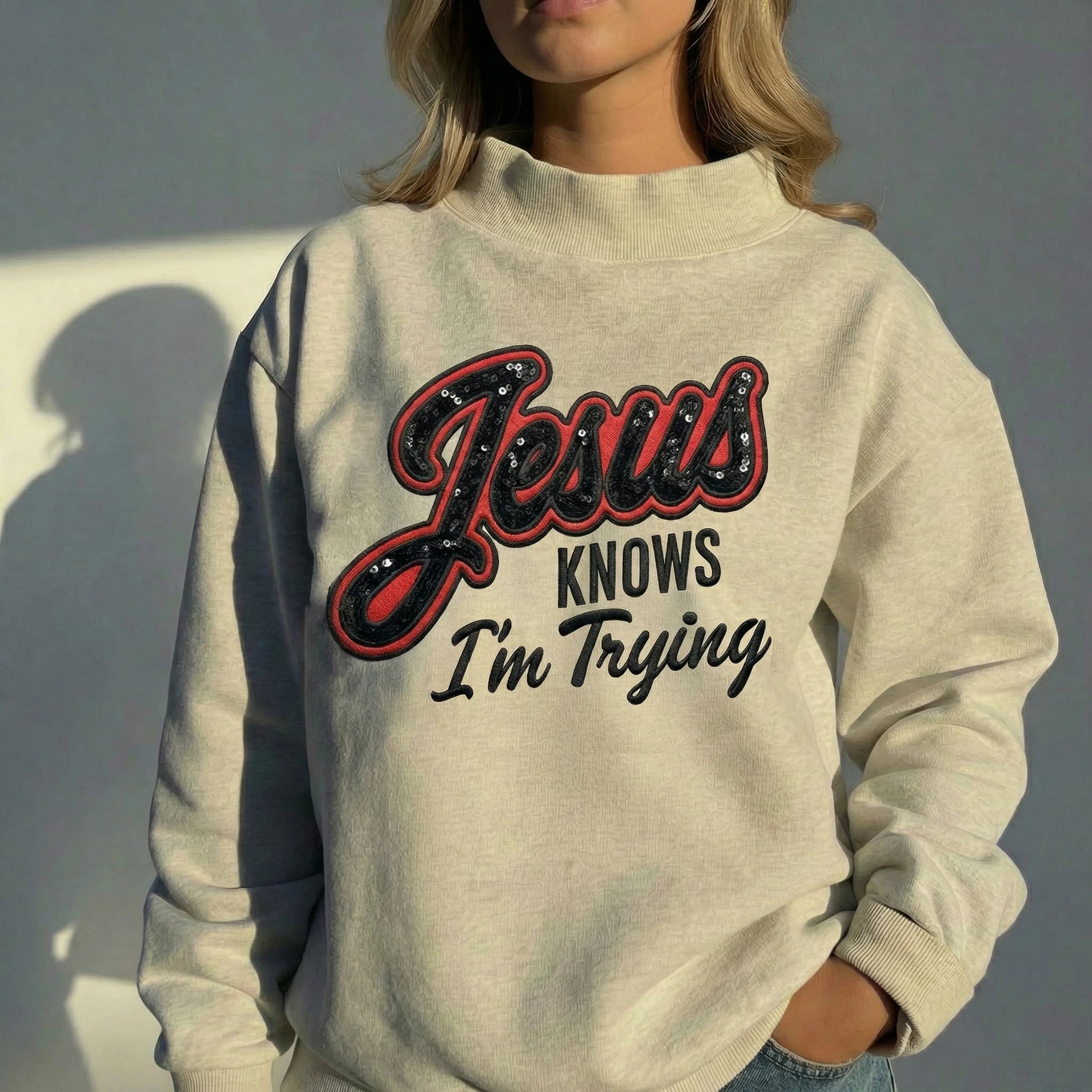 Personalized Text Sequin Mockneck Stand Collar Sweatshirt
