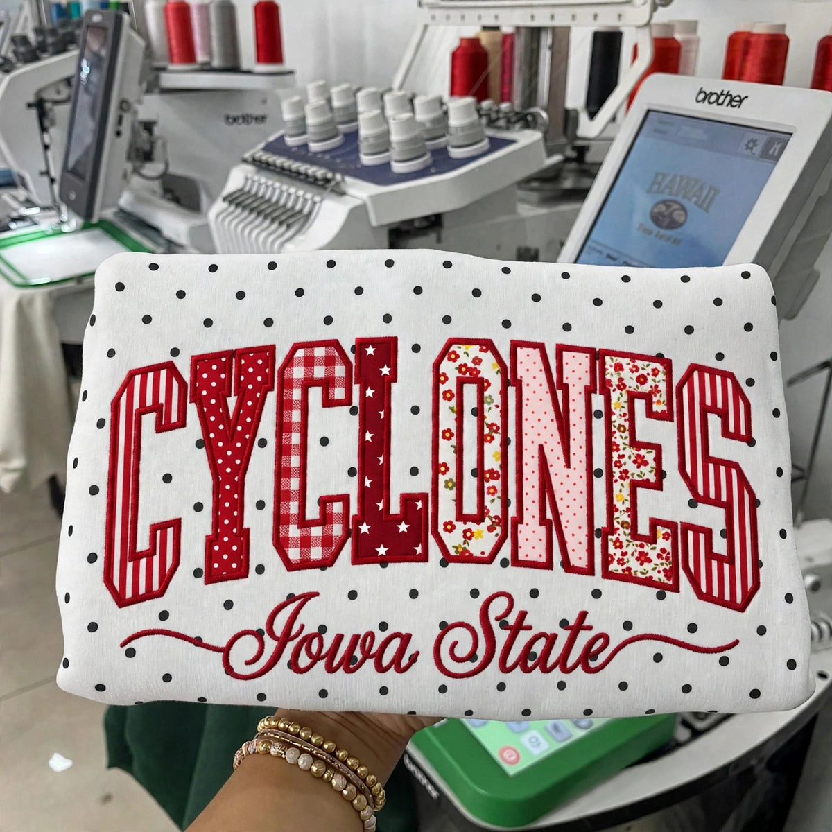 Custom College Football Team Patchwork Fabric Embroidered Polka Dot Sweatshirt Team and School Name Applique Varsity Letters | Game Day Wear