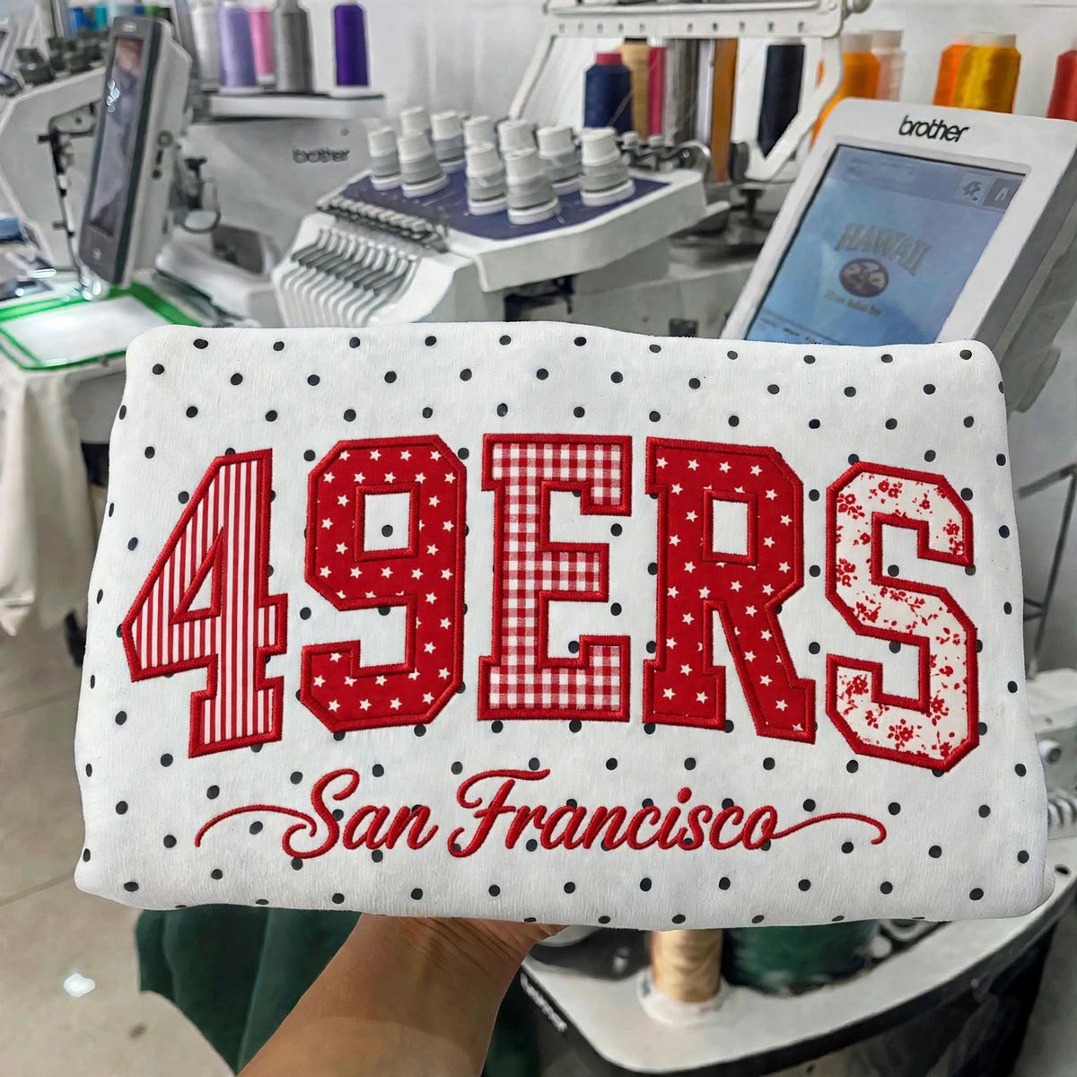 Custom Patchwork Fabric Embroidered Football Team Polka Dot Sweatshirt Game Day Wear