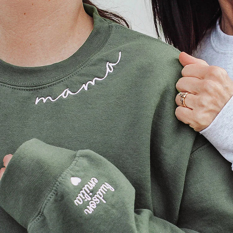 Custom Embroidered Mom Sweatshirt with name on Sleeve | Mother's Day Gift