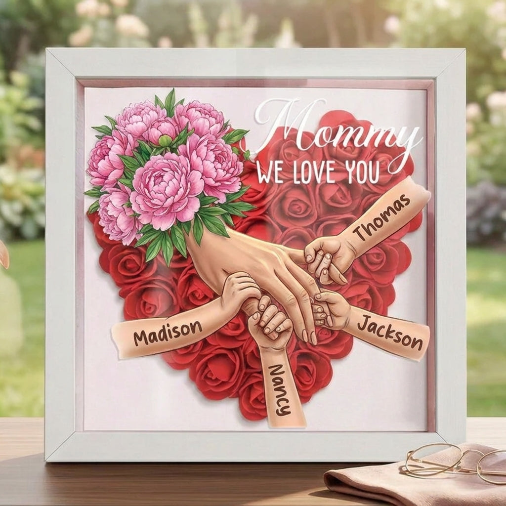 "Peony"-Personalized Mom Holding Hands  Shadow Box-Mother's Day Remembrance Frame, In Loving Memory Gift