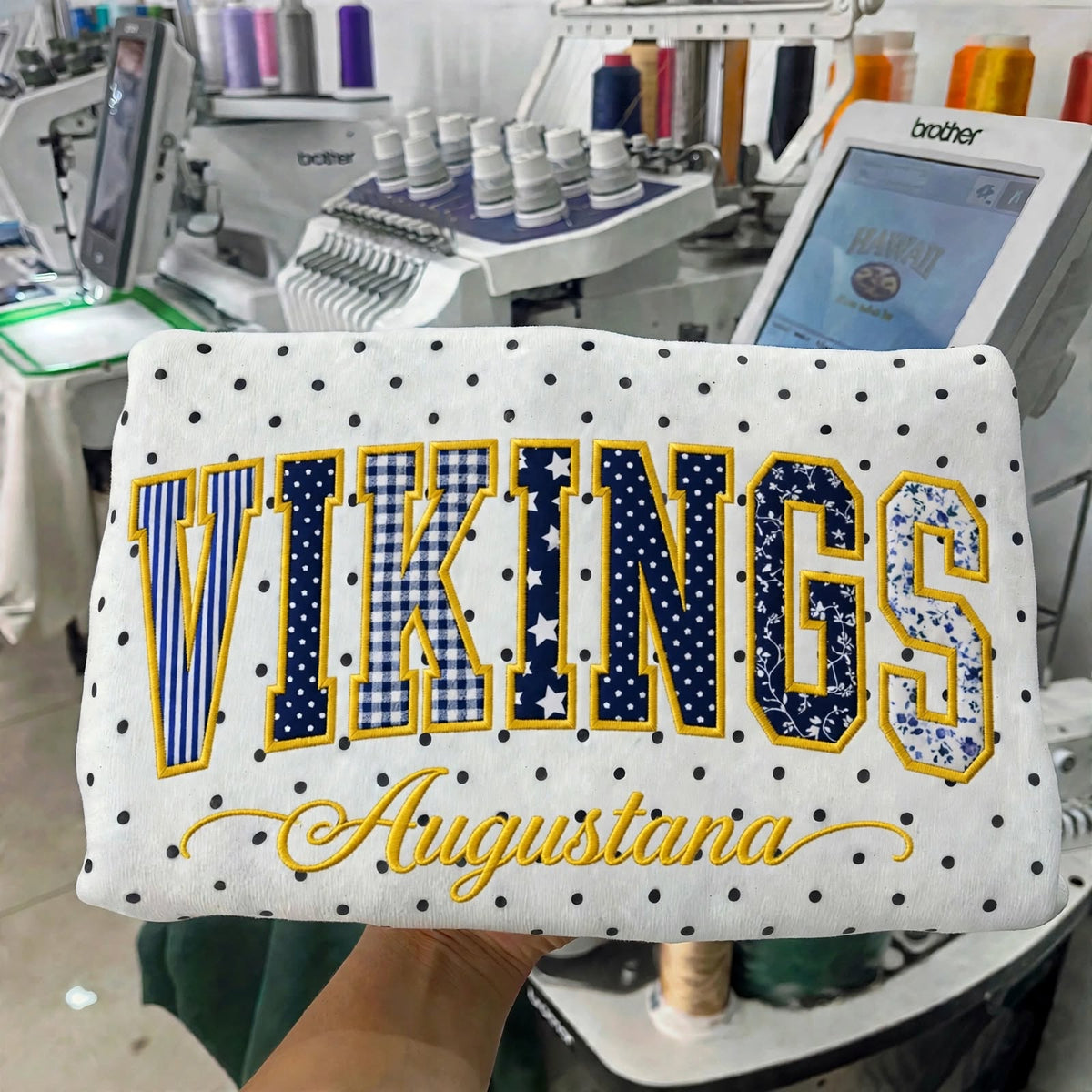 Custom College Hockey Team Patchwork Embroidered Polka Dot Sweatshirt | Hockey Fan Game Day Gear