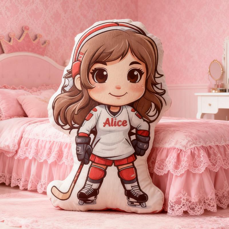 Personalized Girl Hockey Player Pillow with Custom Name Perfect for Young Hockey Fans