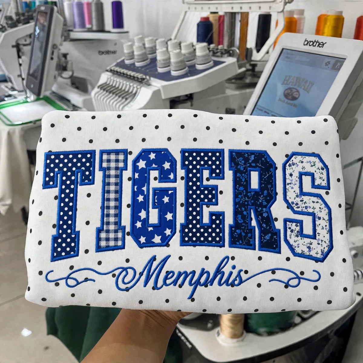Custom College Football Team Patchwork Fabric Embroidered Polka Dot Sweatshirt Team and School Name Applique Varsity Letters | Game Day Wear
