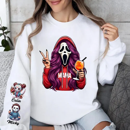 Custom Halloween MAMA Sweatshirt with Kid's Names on the Sleeve