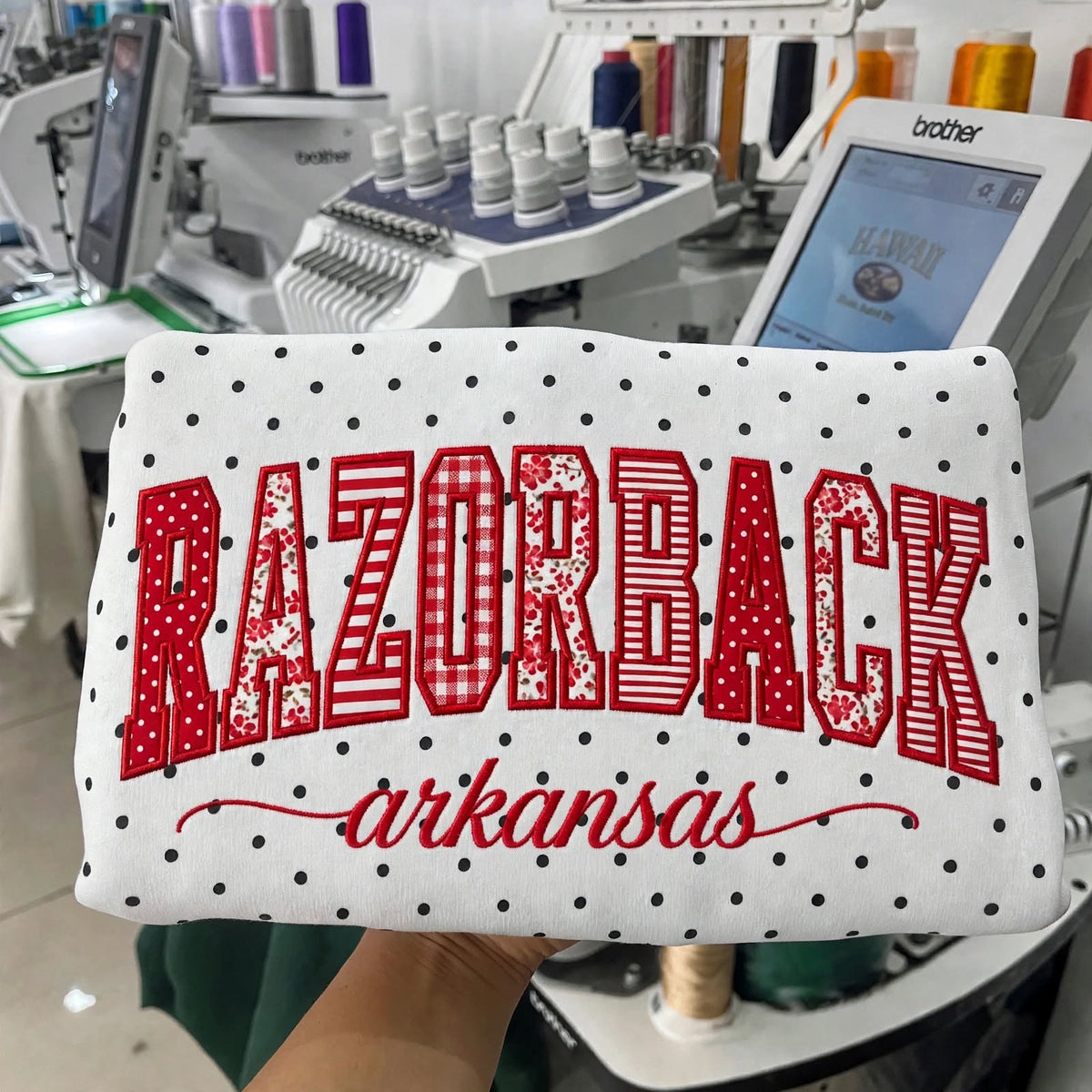 Custom College Football Team Patchwork Fabric Embroidered Polka Dot Sweatshirt Team and School Name Applique Varsity Letters | Game Day Wear
