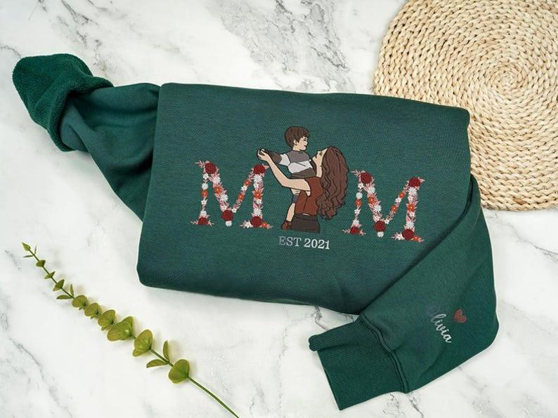 Custom Floral Date Portrait Embroidered Sweatshirt | Mother's Day Gift